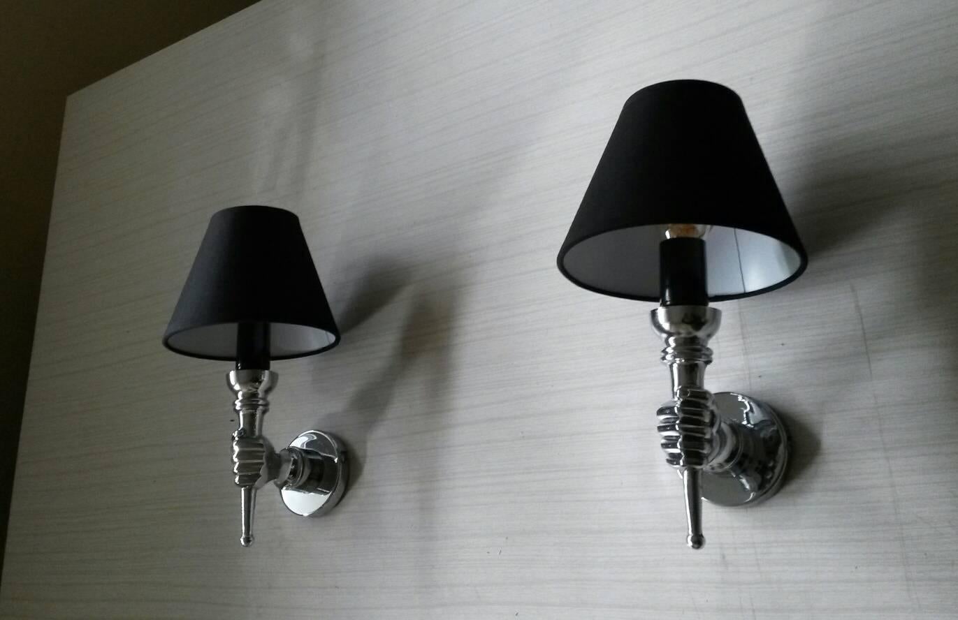 Mid-Century Modern Beautiful Pair of Chromed Bronze French Sconces after Andre Arbus, 1950s