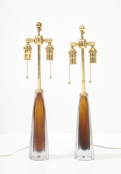 Beautiful Pair of Cognac Colored Glass Lamps by Vicki Lindstrand for Kosta Boda