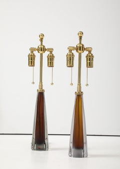 Beautiful Pair of Cognac Colored Glass Lamps by Vicki Linstrand for Kosta Boda.