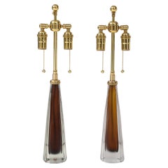 Beautiful Pair of Cognac Colored Glass Lamps by Vicki Linstrand for Kosta Boda.