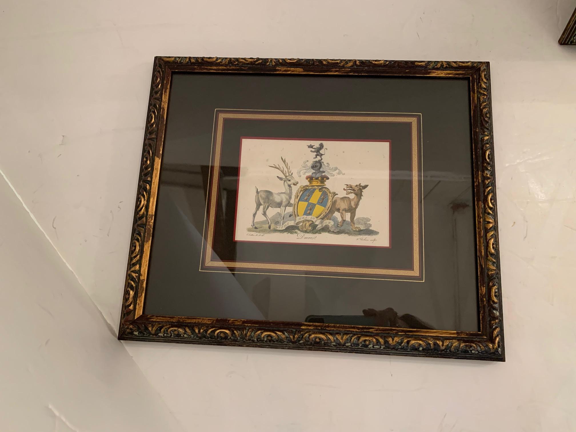 Late 20th Century Beautiful Pair of Colored Etchings with Royal Shield Motife For Sale