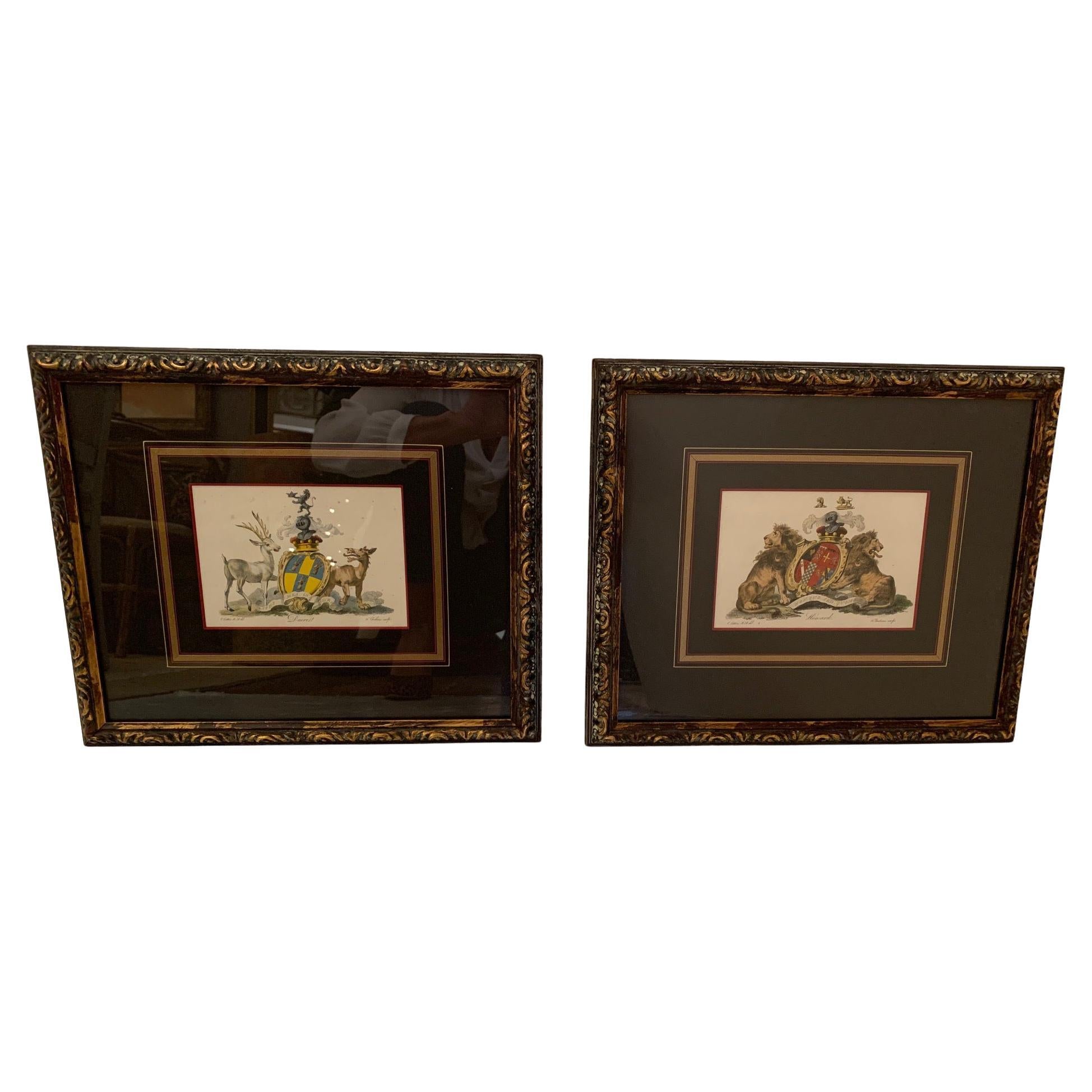 Beautiful Pair of Colored Etchings with Royal Shield Motife