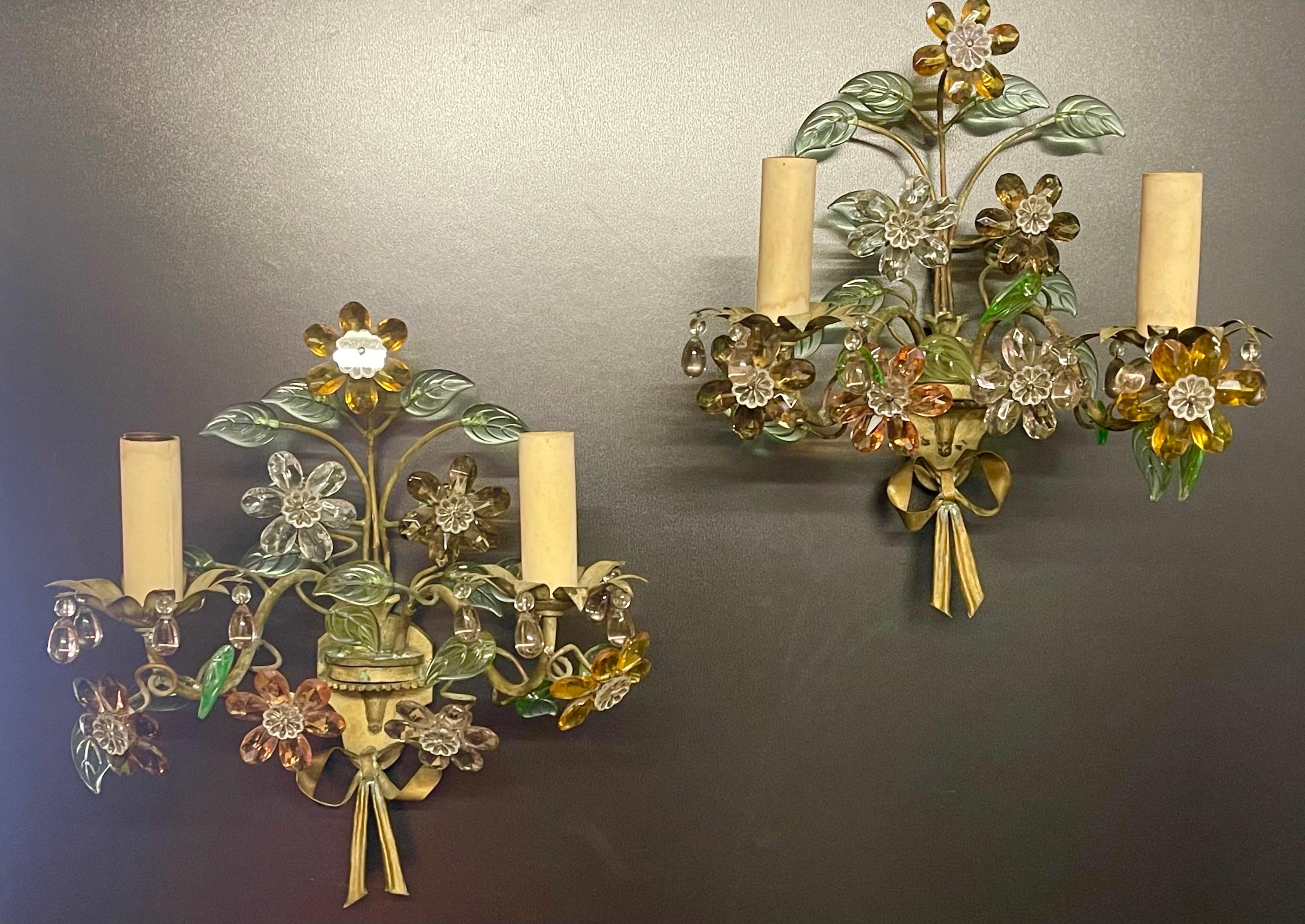 Patinated Beautiful Pair of Colorful Wall Sconces by Maison Baguès, Paris, circa 1950s For Sale