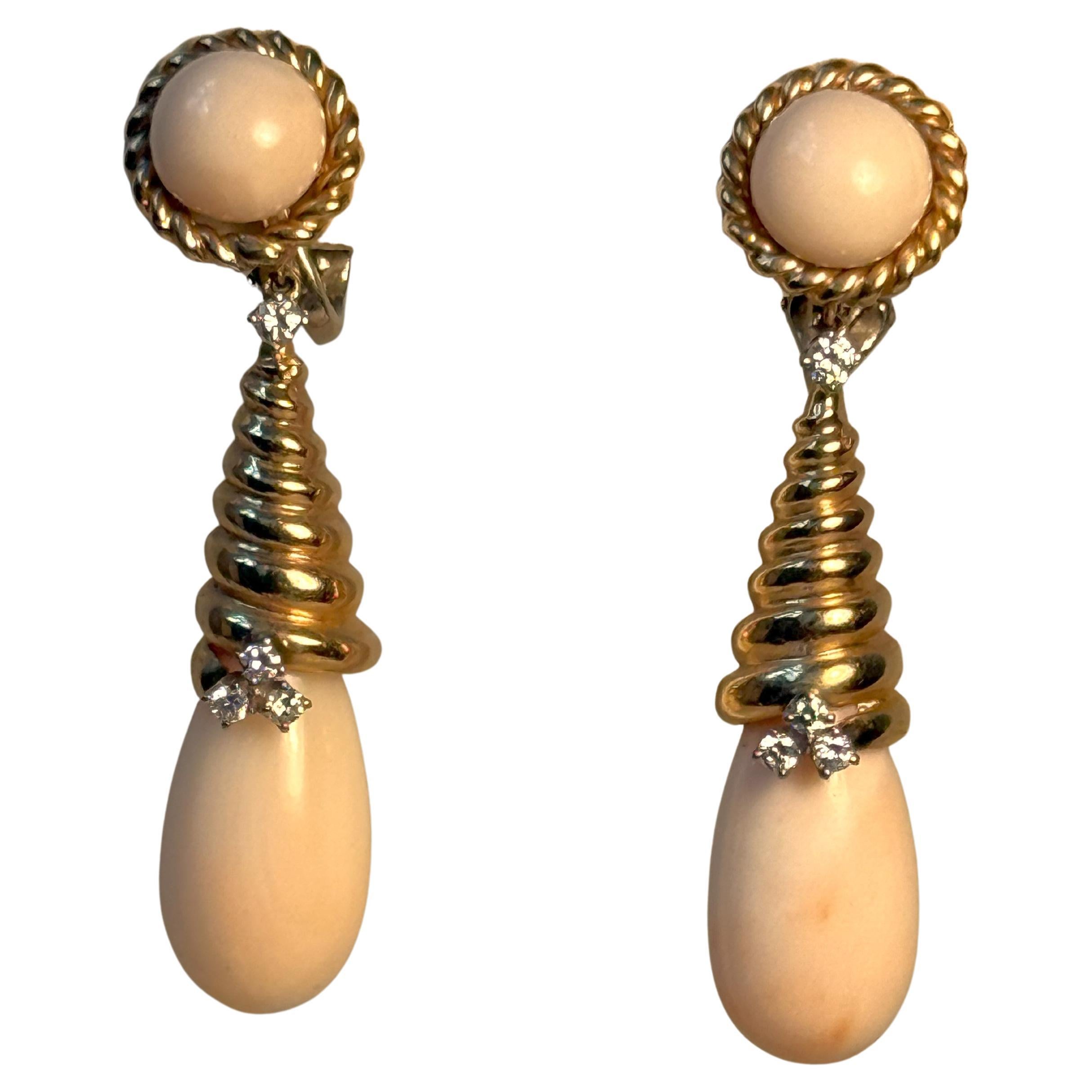 Beautiful Pair of Coral, Gold and Diamond Earrings