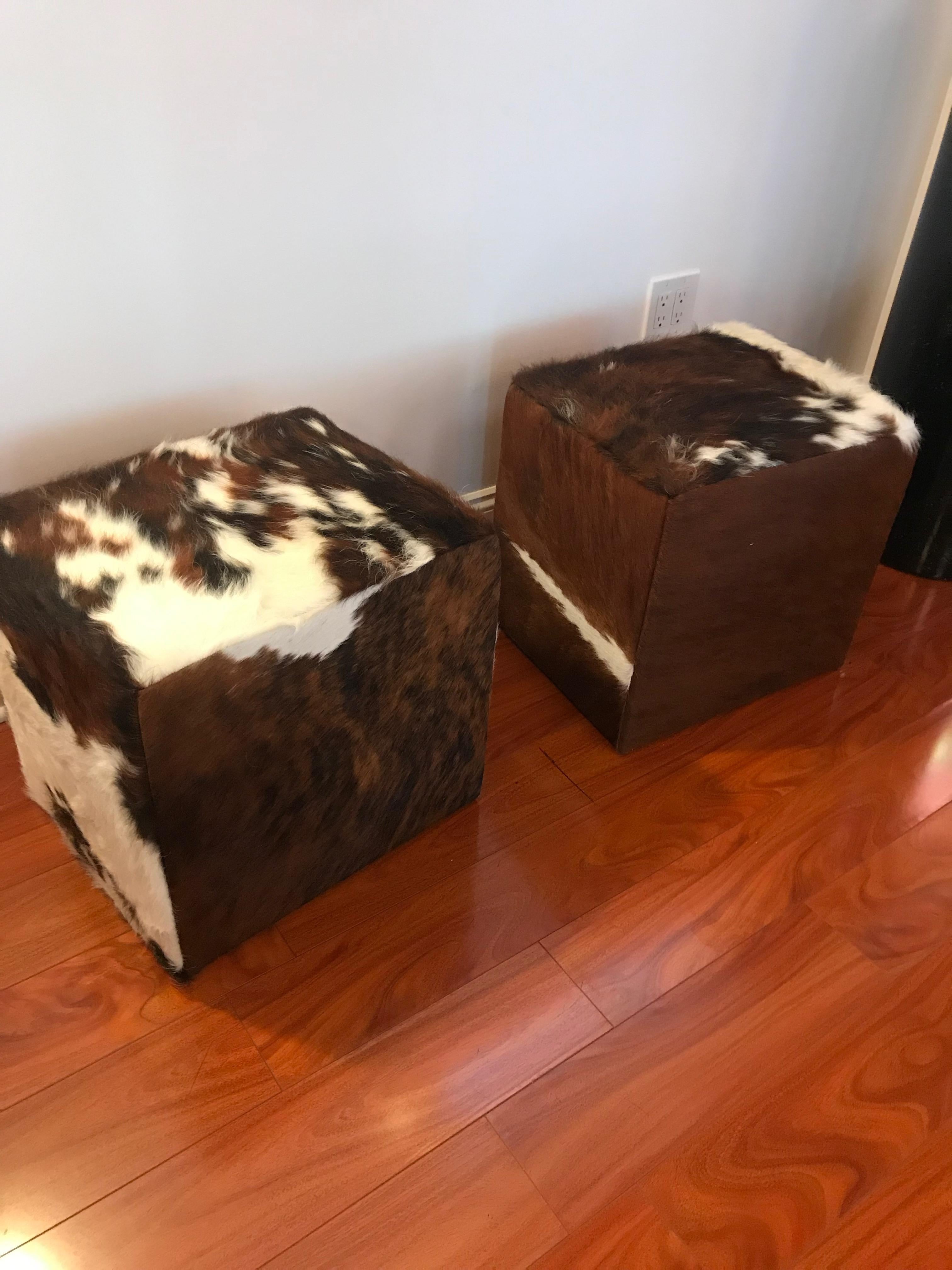 Contemporary Beautiful Pair of Cow Hide Benches or Ottomans