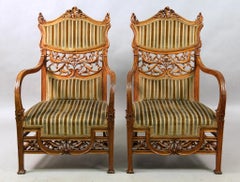 Beautiful Pair of Early 20th Century Art Nouveau Carved Wood Armchairs