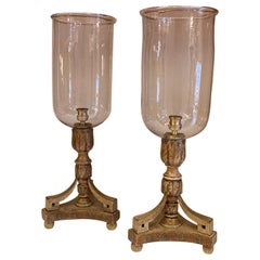 Beautiful Pair of English Blown Glass and Faux Painted Hurricanes