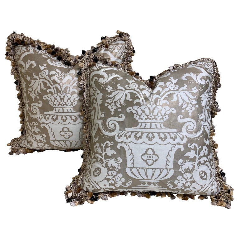 Pair of Fortuny Cushions with Tassle Fringe in the "Carnavalet" Pattern For Sale
