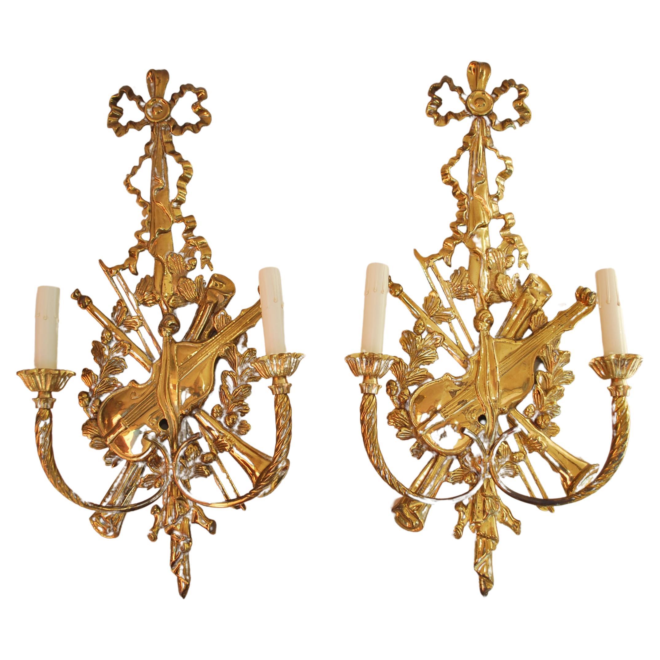Beautiful Pair of French brass sconces For Sale