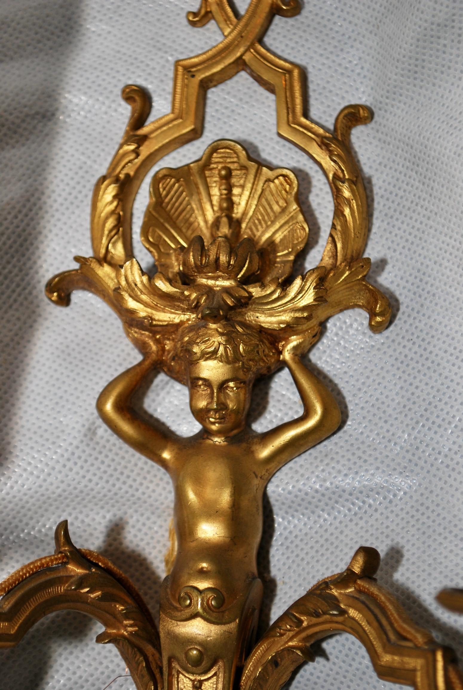 Mid-20th Century Beautiful Pair of   French bronze Cherubs  sconces For Sale