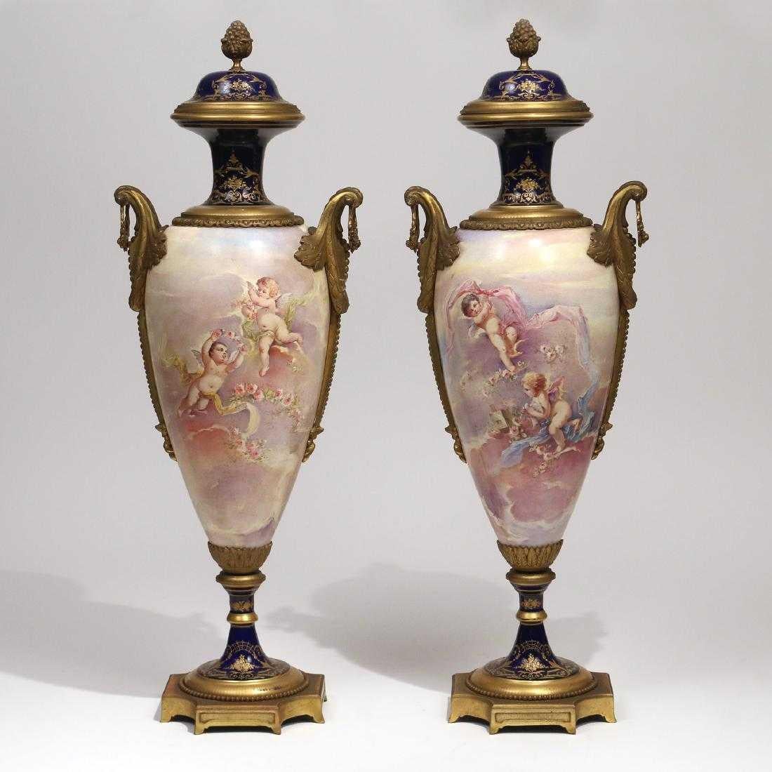 19th Century Beautiful Pair of French Bronze-Mounted Sèvres Porcelain Vases and Covers