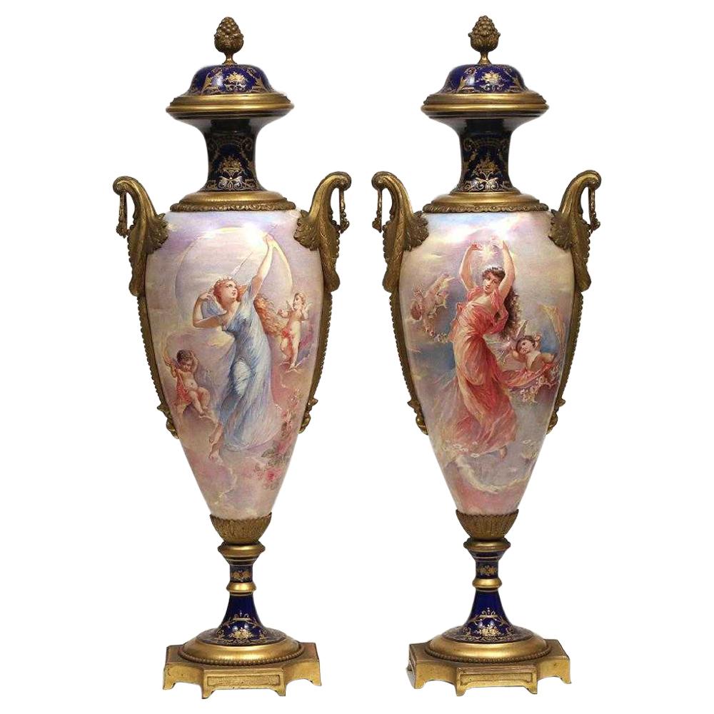 Beautiful Pair of French Bronze-Mounted Sèvres Porcelain Vases and Covers