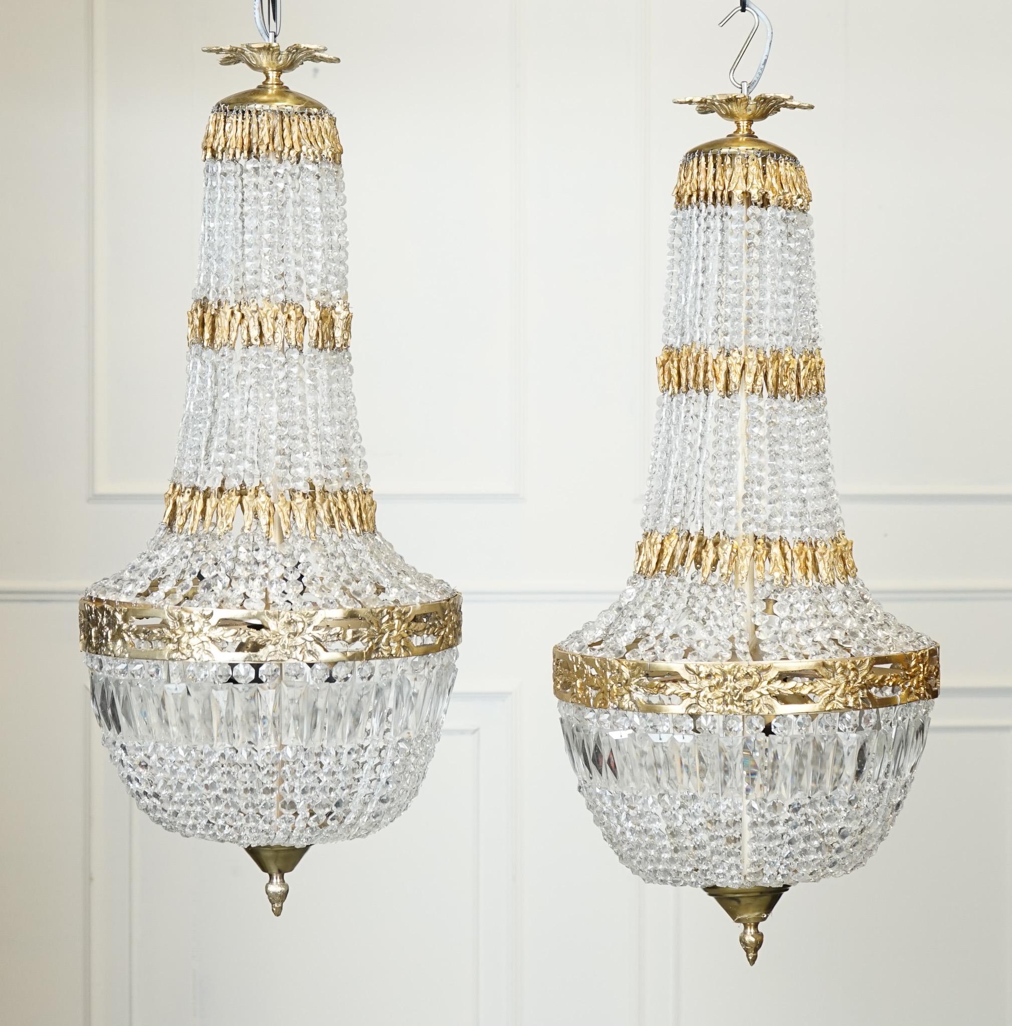 We delight to offer for sale this amazing pair of French Empire Bag Chandeliers , each one with six internal lights , aprox  98 cm height , PAT tested. All our chandeliers come with bulbs and ceiling fixings.
Don't hesitate to contact me if you have