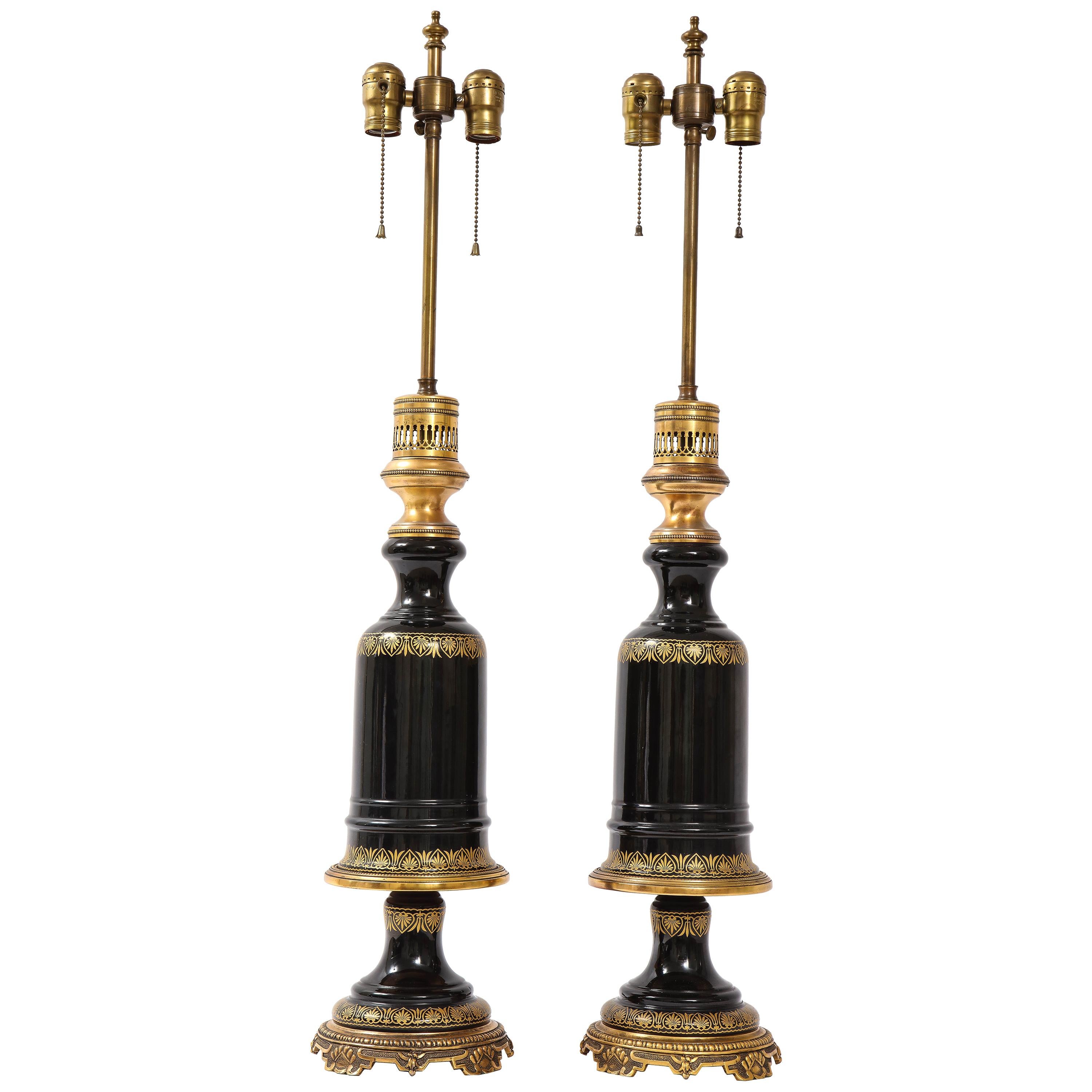 Beautiful Pair of French Gilt Bronze Mounted Black Amethyst Crystal Lamps For Sale