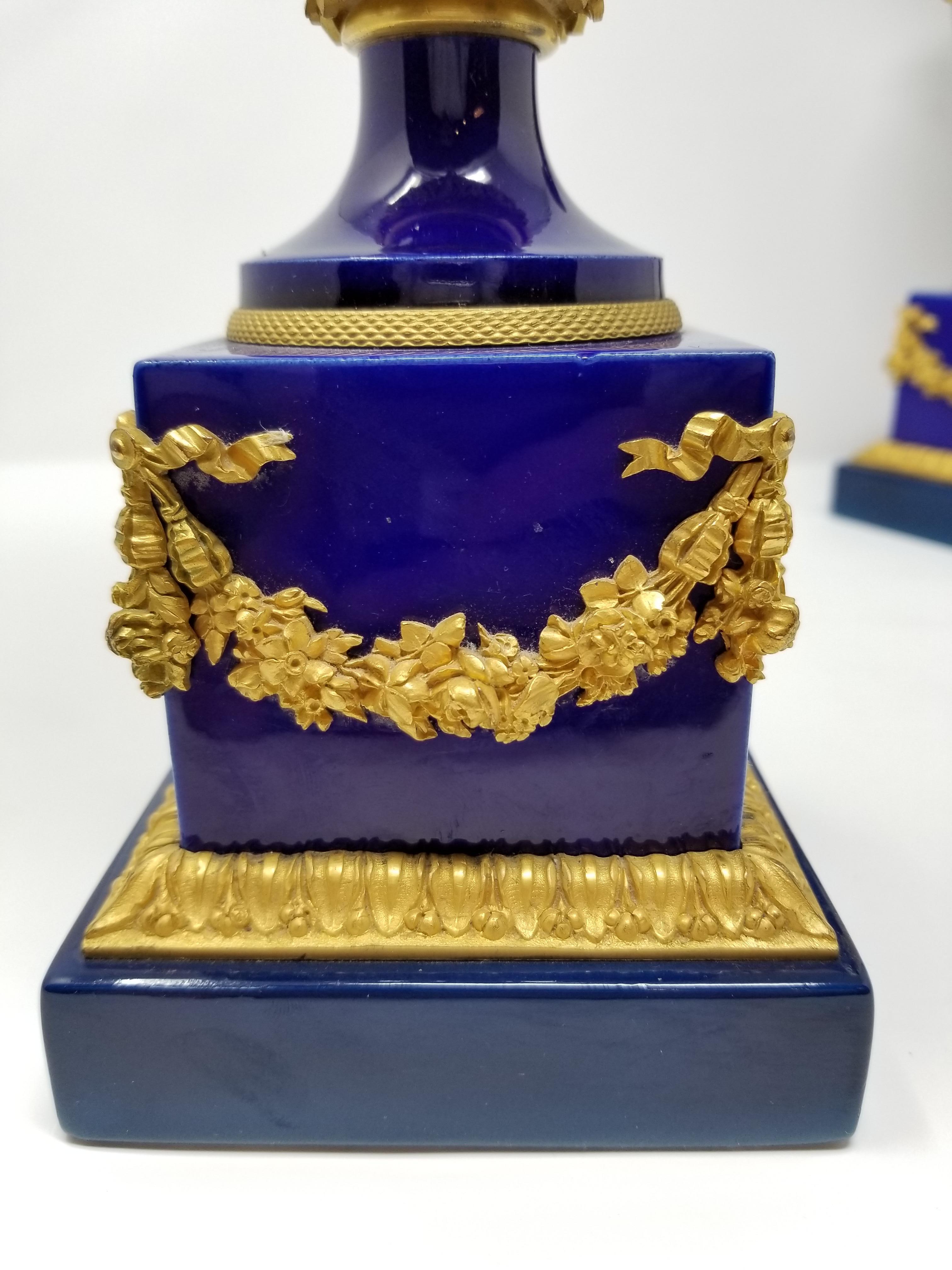 Hand-Painted Beautiful Pair of French Louis XVI Sevres Cobalt Blue Porcelain and Ormolu Vases For Sale