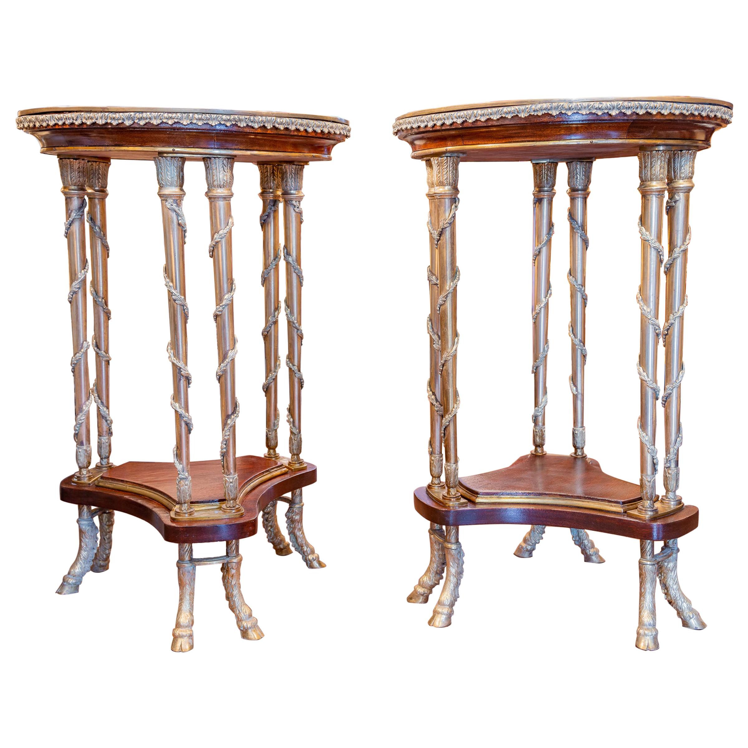 Beautiful Pair of French Mahogany and Gilt Bronze Gueridons After Weisweiler