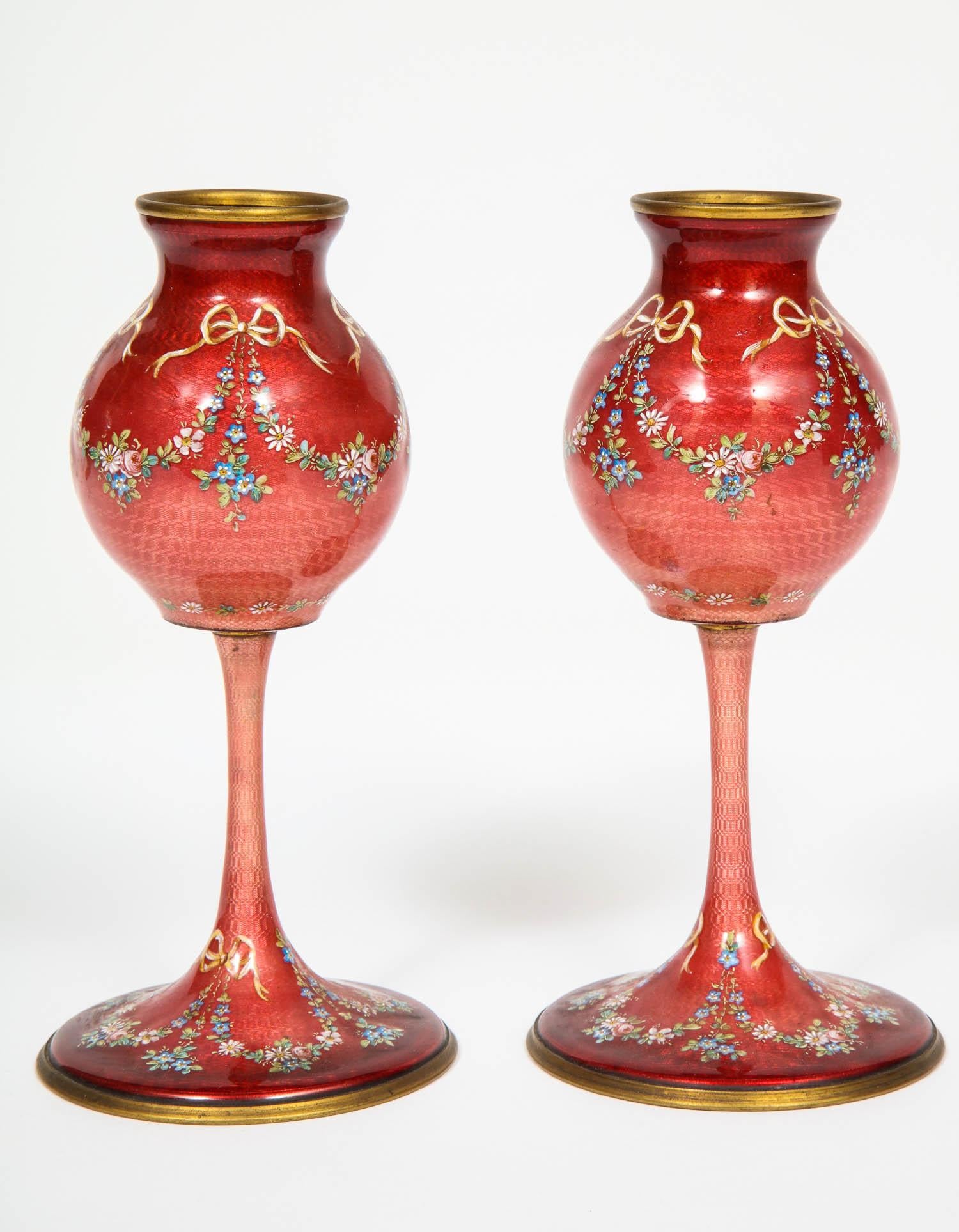 Beautiful Pair of French Red Guilloche Enamel Vases with Flowers In Good Condition In Queens, NY