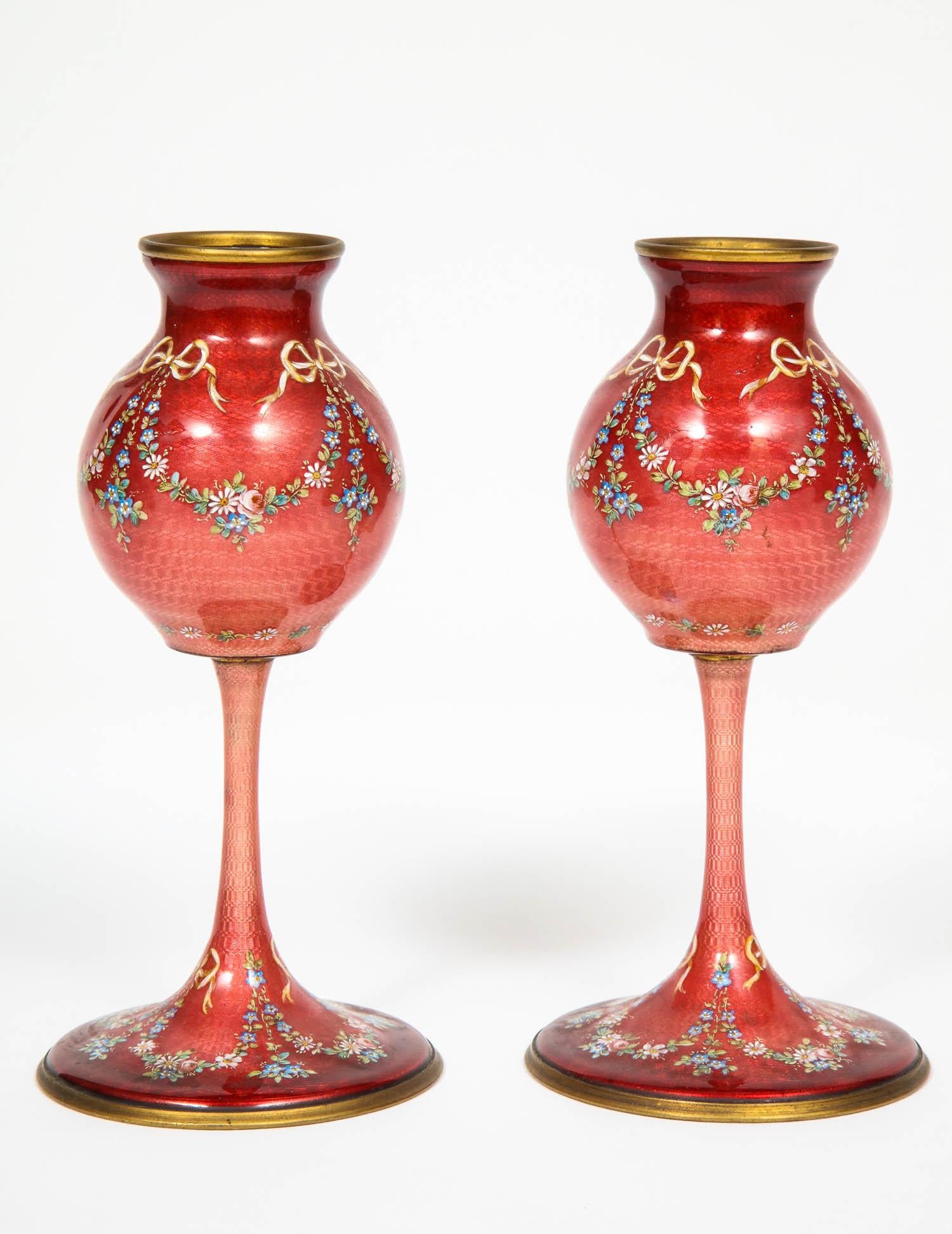 19th Century Beautiful Pair of French Red Guilloche Enamel Vases with Flowers