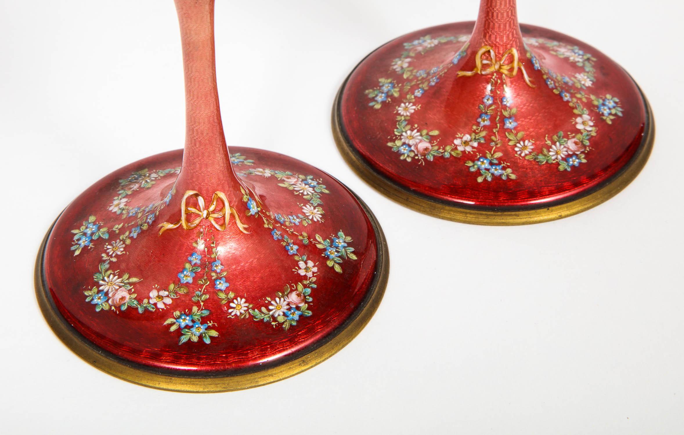 Beautiful Pair of French Red Guilloche Enamel Vases with Flowers 1