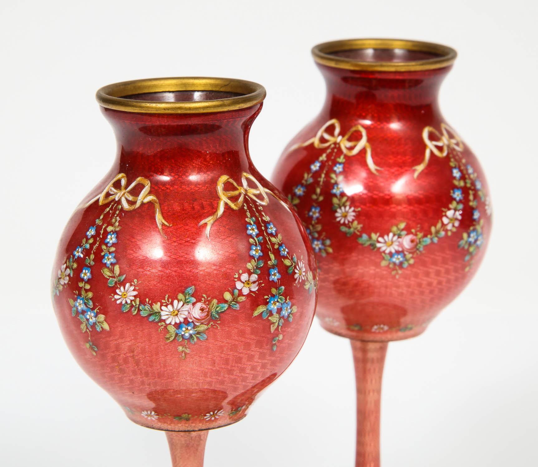 Beautiful Pair of French Red Guilloche Enamel Vases with Flowers 3