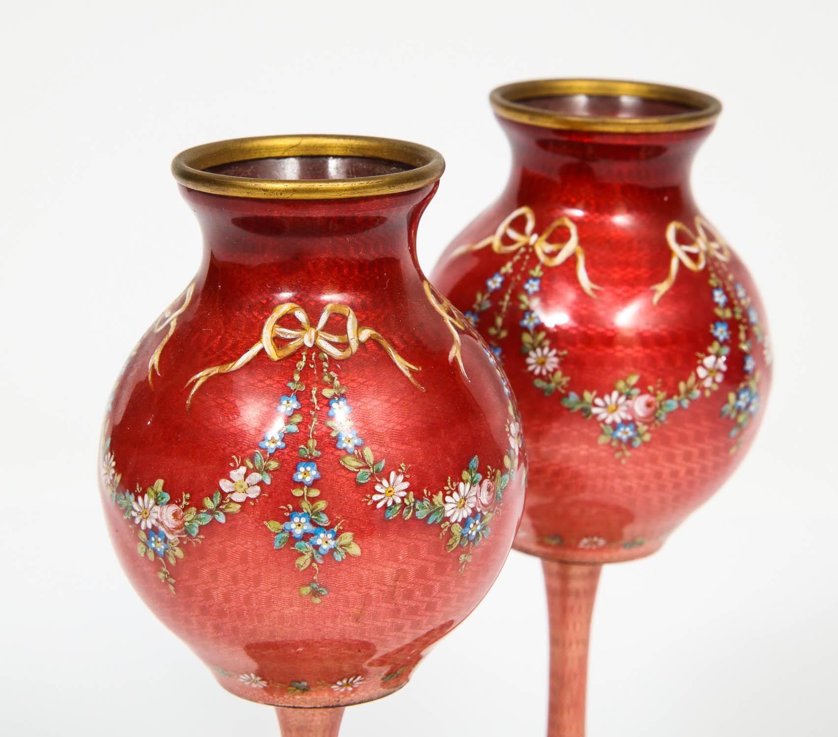 Beautiful Pair of French Red Guilloche Enamel Vases with Flowers 4