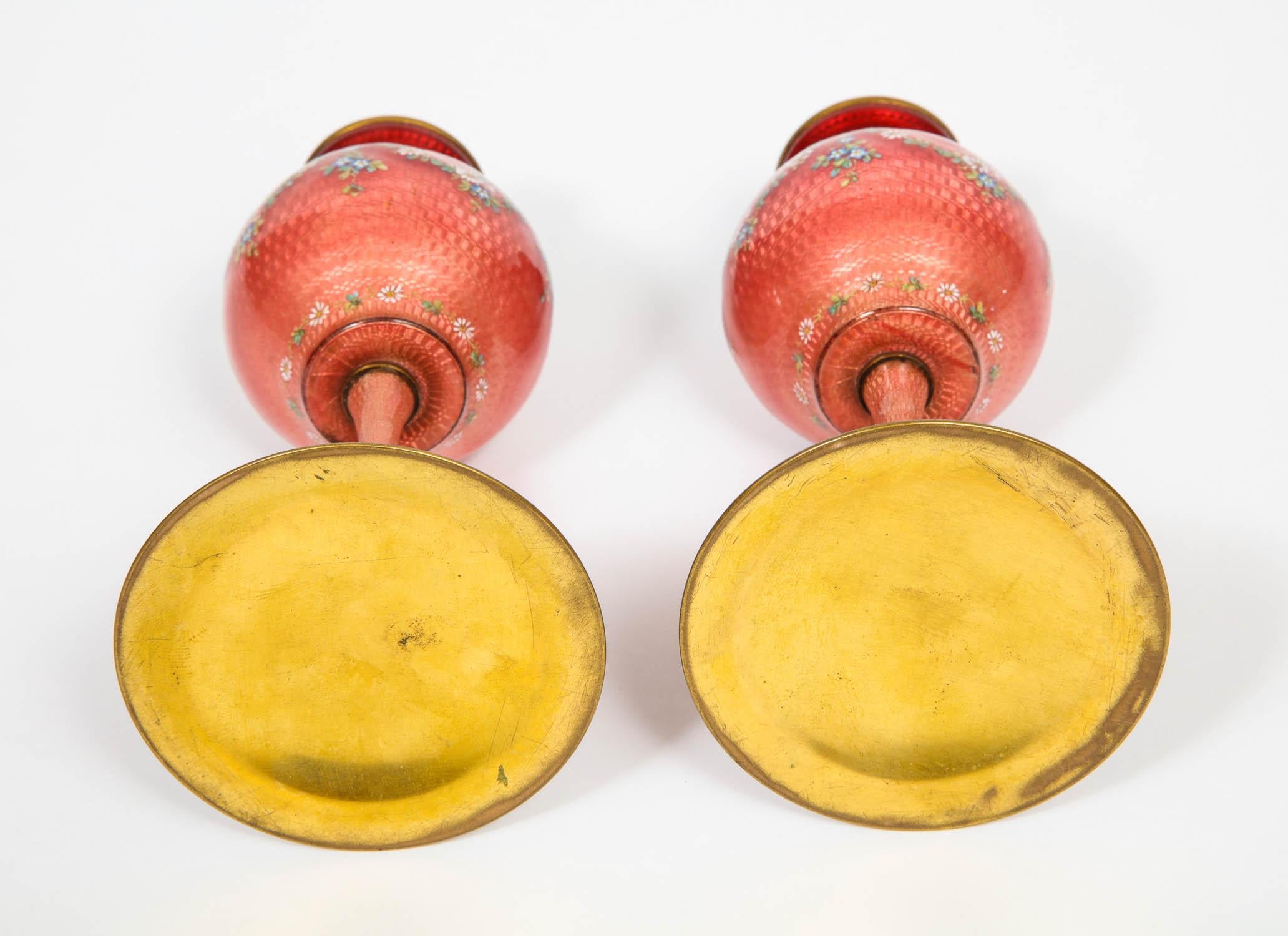 Beautiful Pair of French Red Guilloche Enamel Vases with Flowers 5