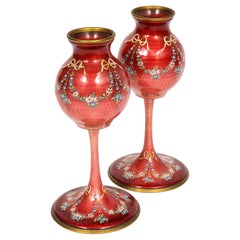 Beautiful Pair of French Red Guilloche Enamel Vases with Flowers