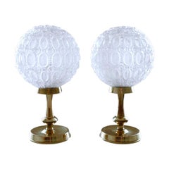 Beautiful Pair of German Vintage Bubble Glass and Brass Table Bedside Lamps