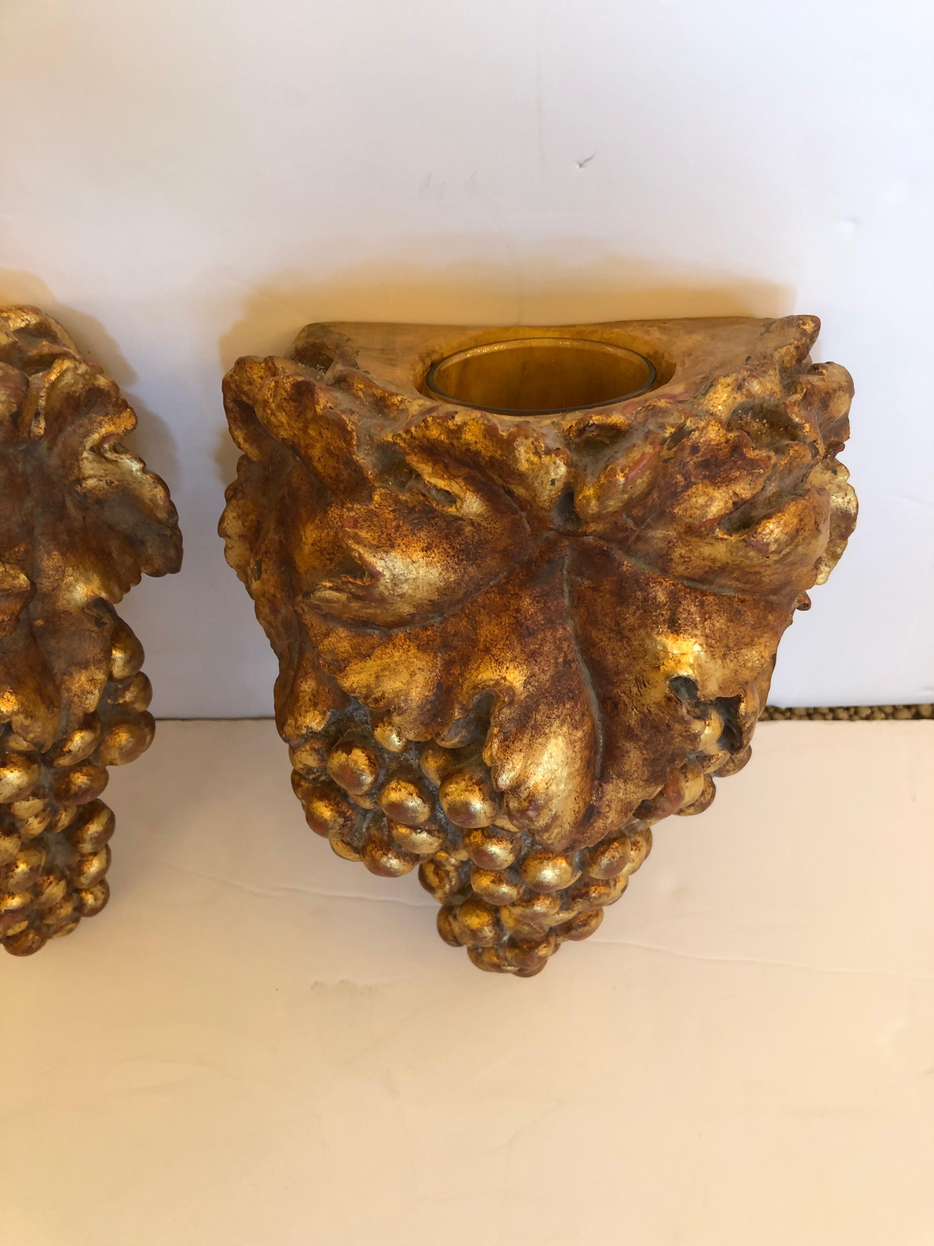 American Beautiful Pair of Gilded Wall Pockets with Interior Glass Vases For Sale