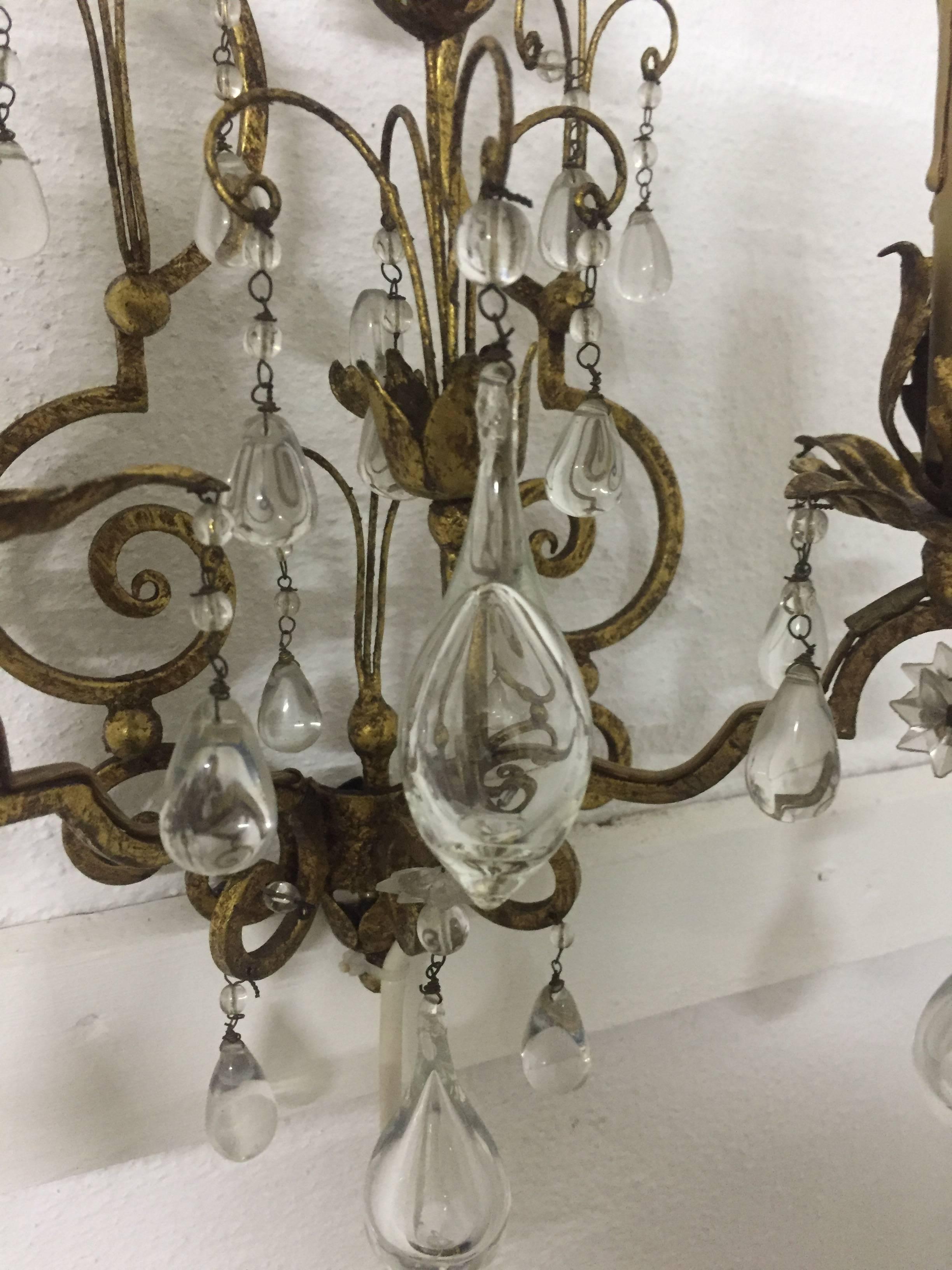 Mid-Century Modern Pair of Italian Gilt Iron and Glass Sconces,  circa 1950s For Sale