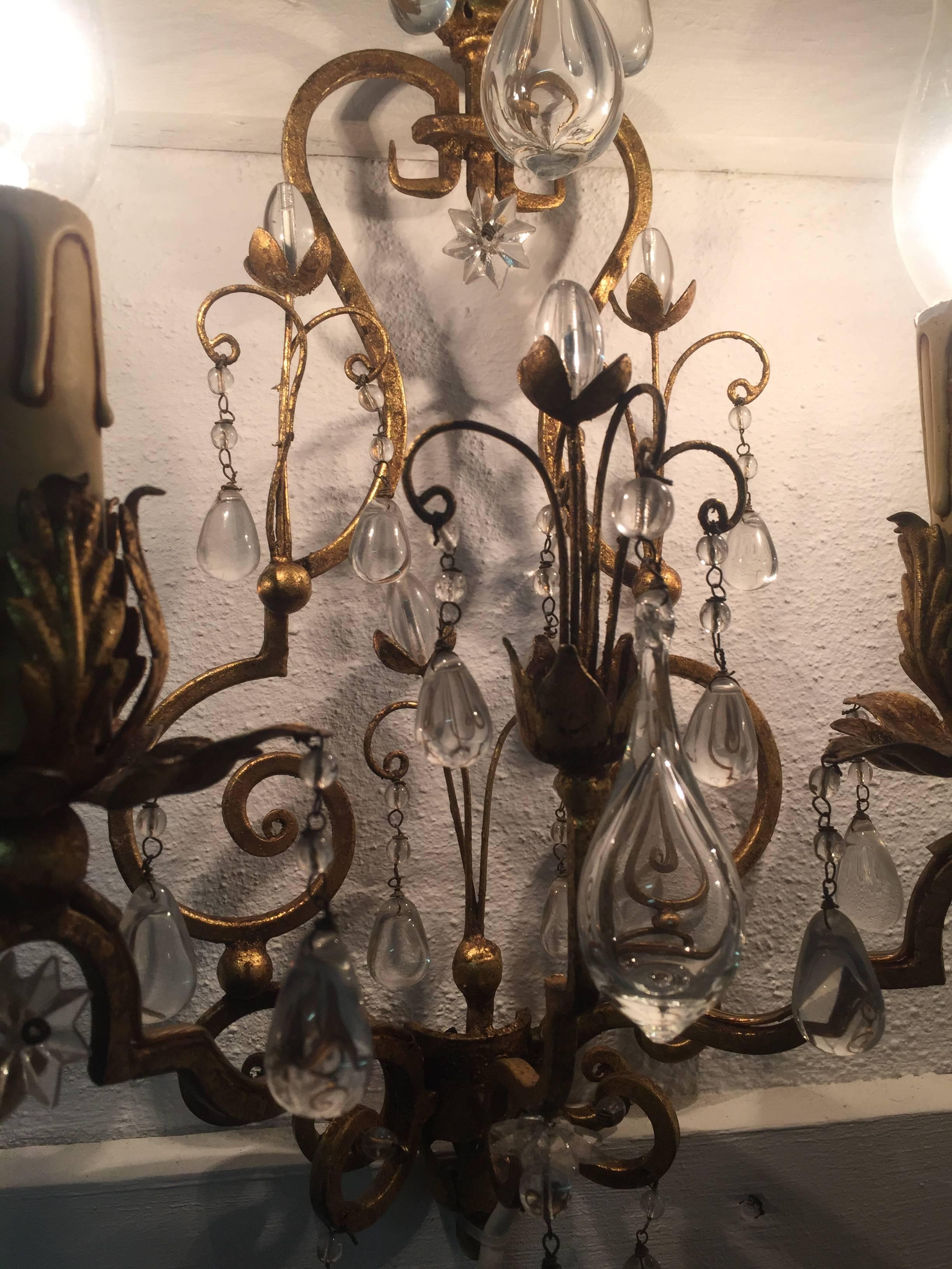 French Pair of Italian Gilt Iron and Glass Sconces,  circa 1950s For Sale