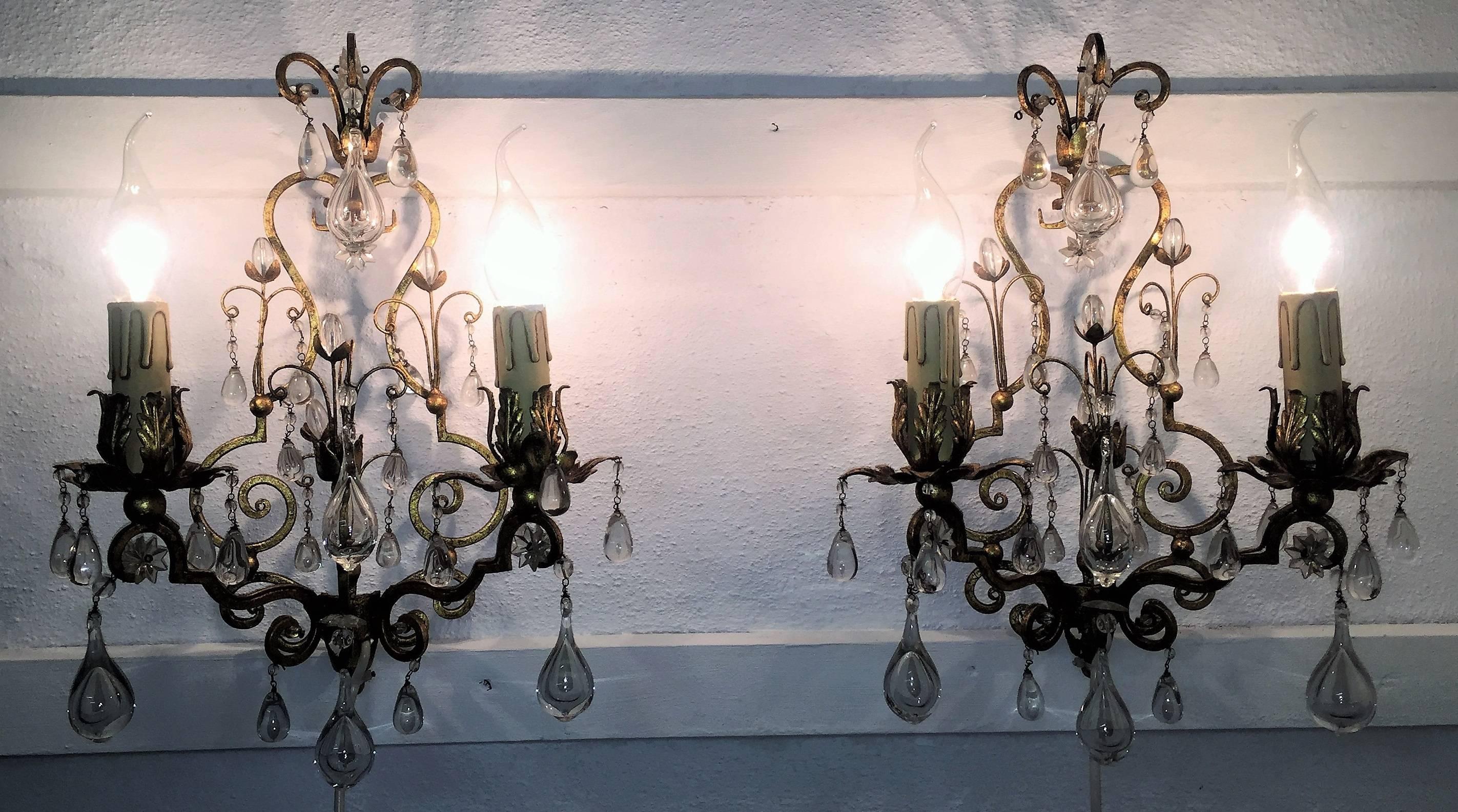 Mid-20th Century Pair of Italian Gilt Iron and Glass Sconces,  circa 1950s For Sale