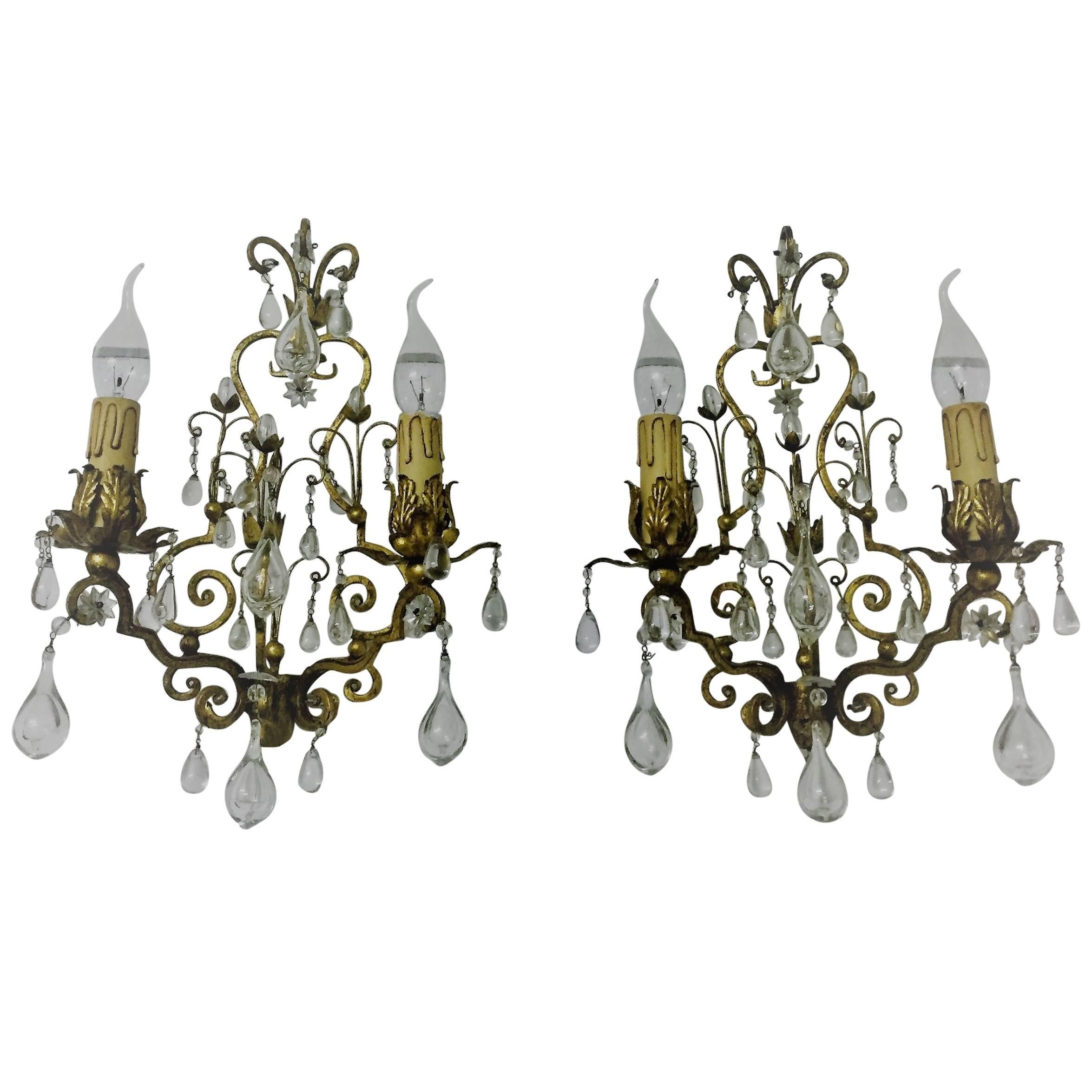 Pair of Italian Gilt Iron and Glass Sconces,  circa 1950s For Sale