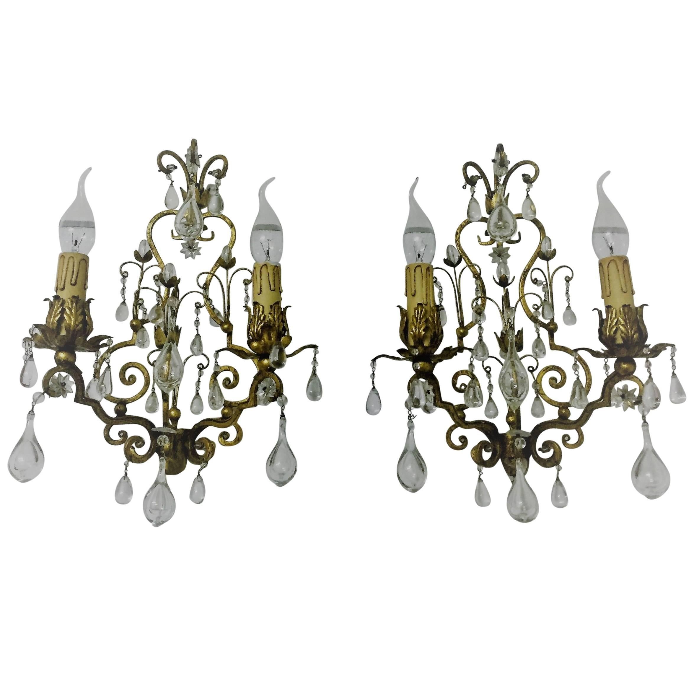 Pair of Italian Gilt Iron and Glass Sconces,  circa 1950s