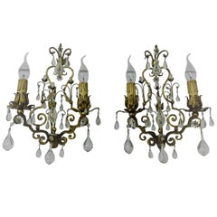 Vintage Pair of Italian Gilt Iron and Glass Sconces,  circa 1950s