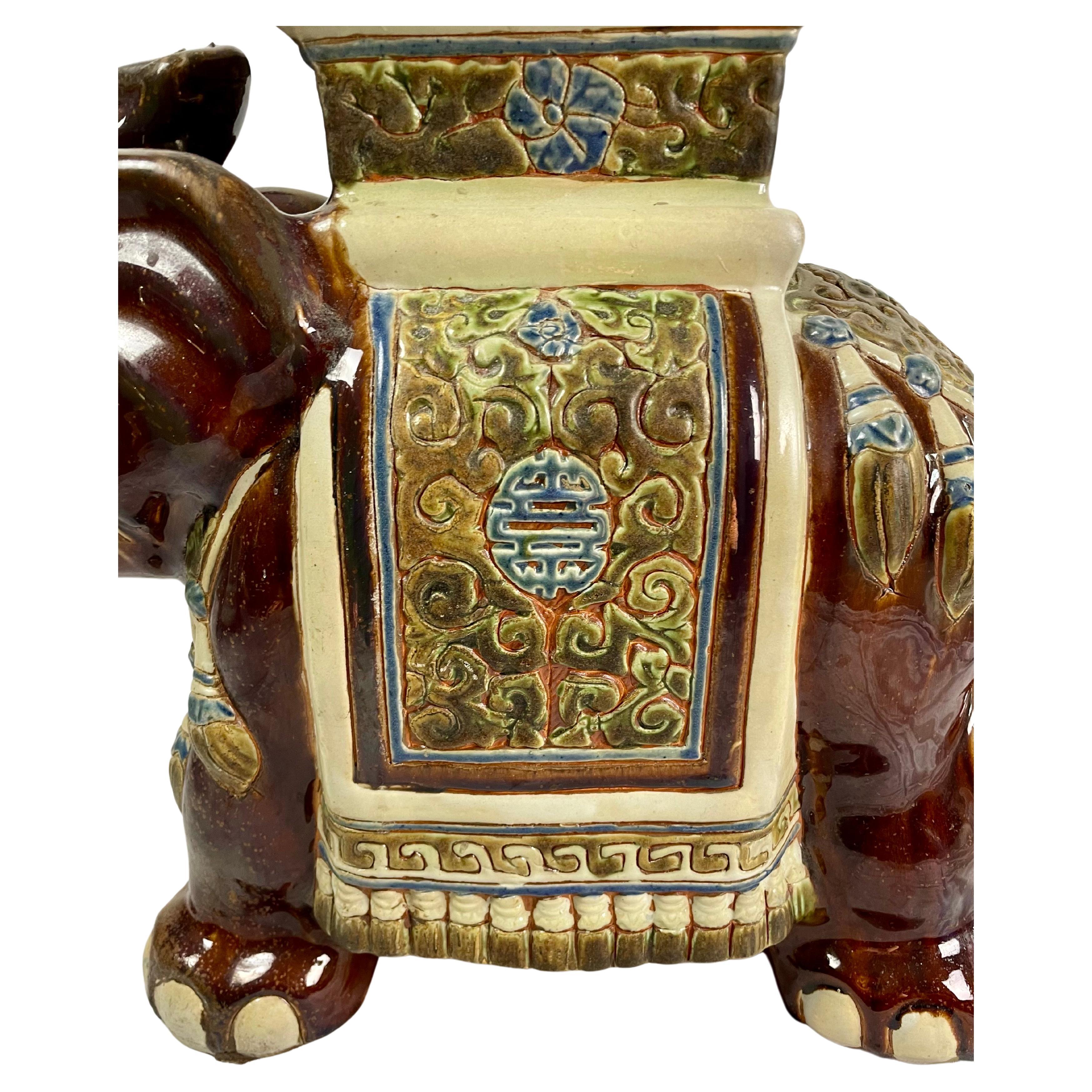 Pair of brown glazed ceramic elephants, garden stools or plant holders, China For Sale 6