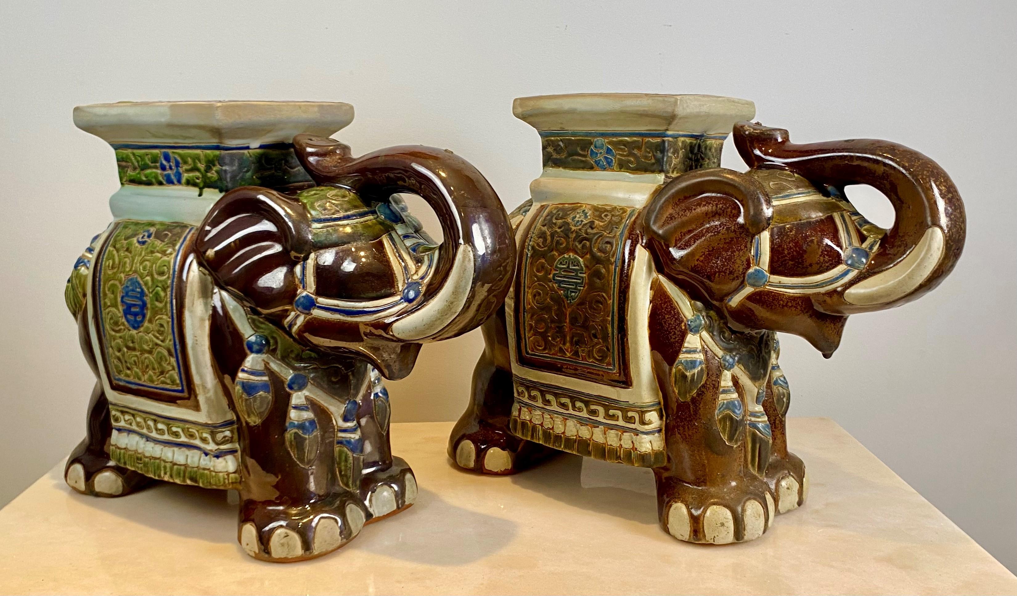 Pair of brown glazed ceramic elephants, garden stools or plant holders, China  For Sale 8