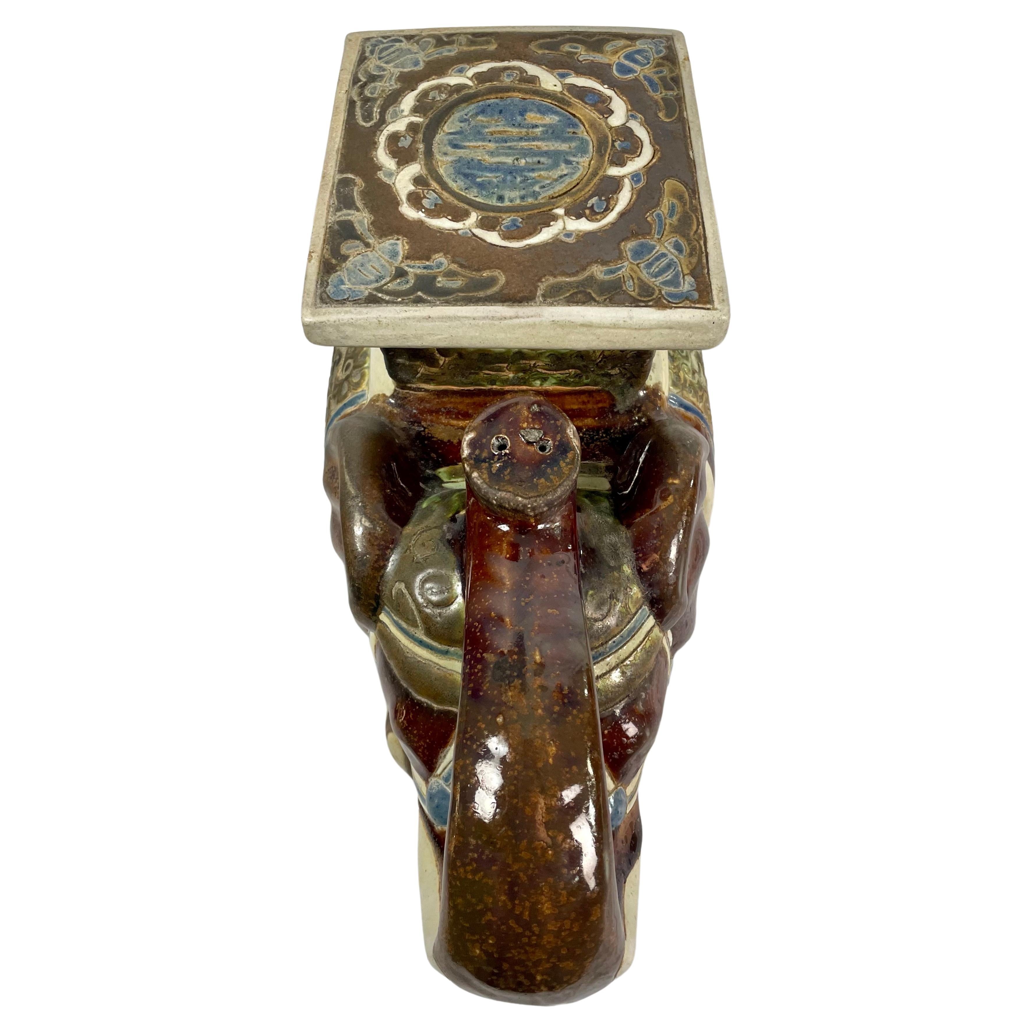 20th Century Pair of brown glazed ceramic elephants, garden stools or plant holders, China For Sale