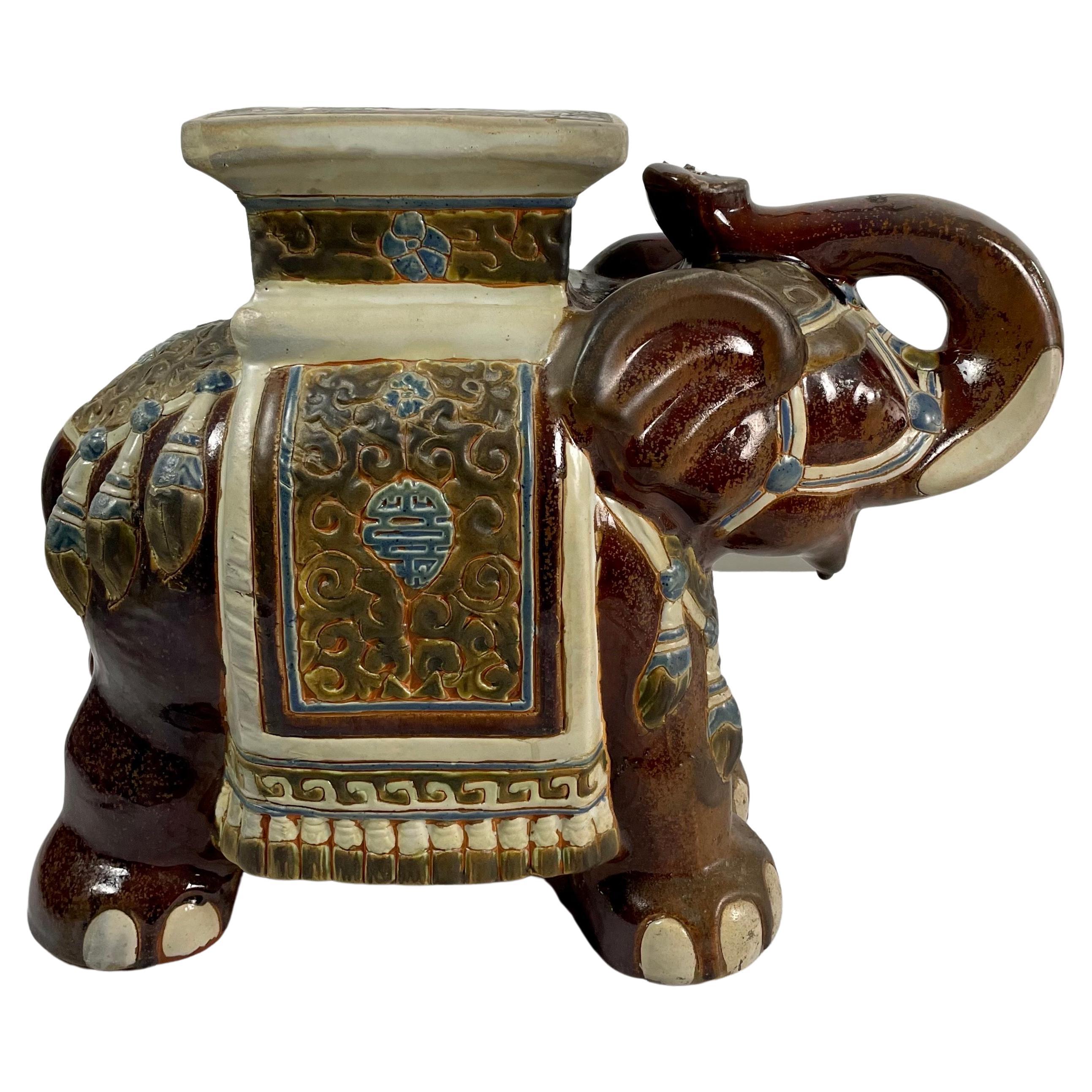 Pair of brown glazed ceramic elephants, garden stools or plant holders, China  For Sale 1