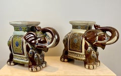 Pair of brown glazed ceramic elephants, garden stools or plant holders, China 