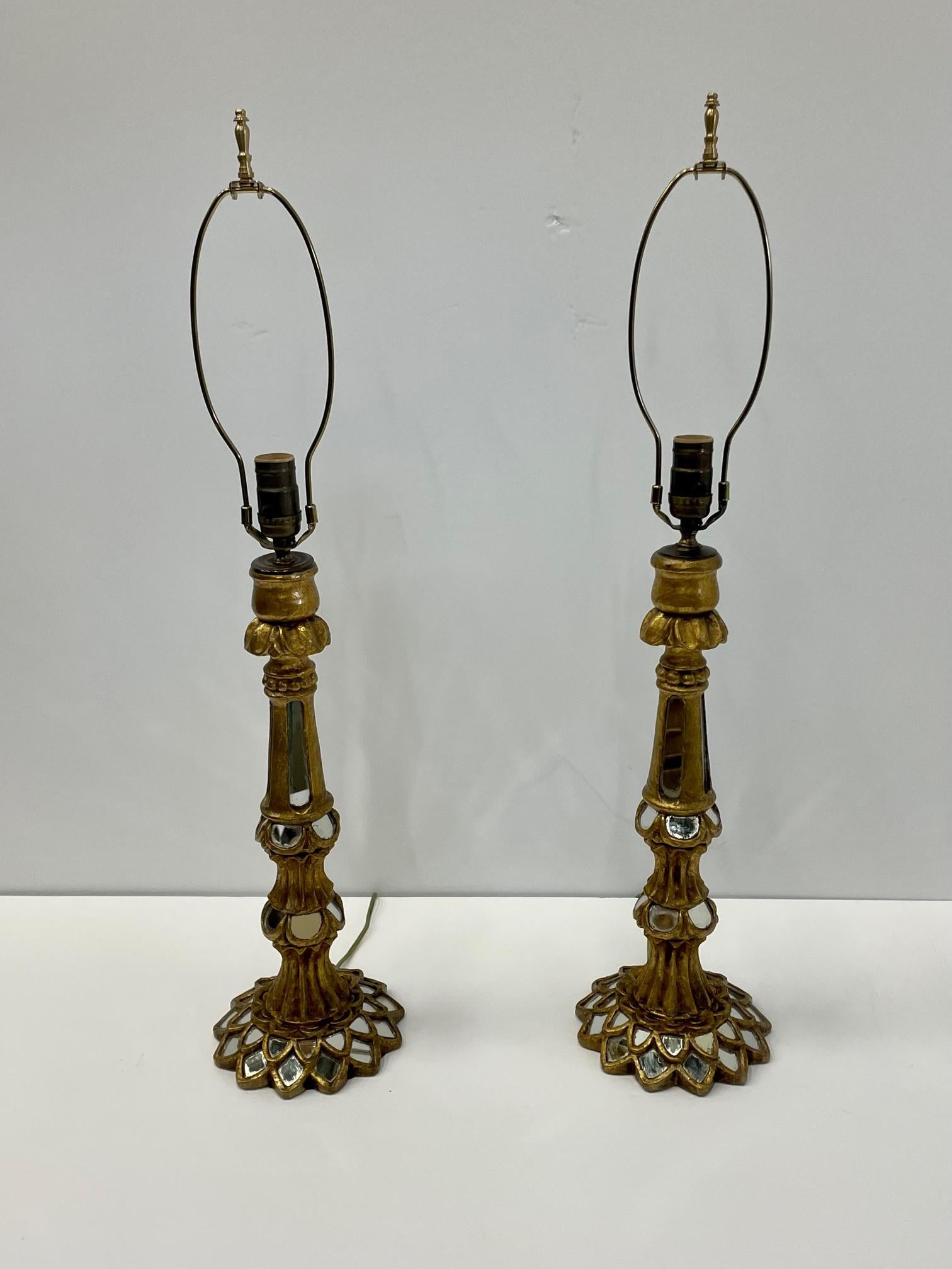 Beautiful Pair of Glistening Italian Giltwood Table Lamps with Inset Mirrors For Sale 5