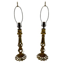 Magnifique paire de lampes de bureau italiennes en bois doré surplombant avec miroirs encastrés