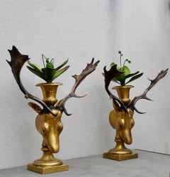 Beautiful Pair of Golden Deer Heads with Antlers and Flower Pots