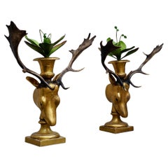 Beautiful Pair of Golden Deer Heads with Antlers and Flower Pots