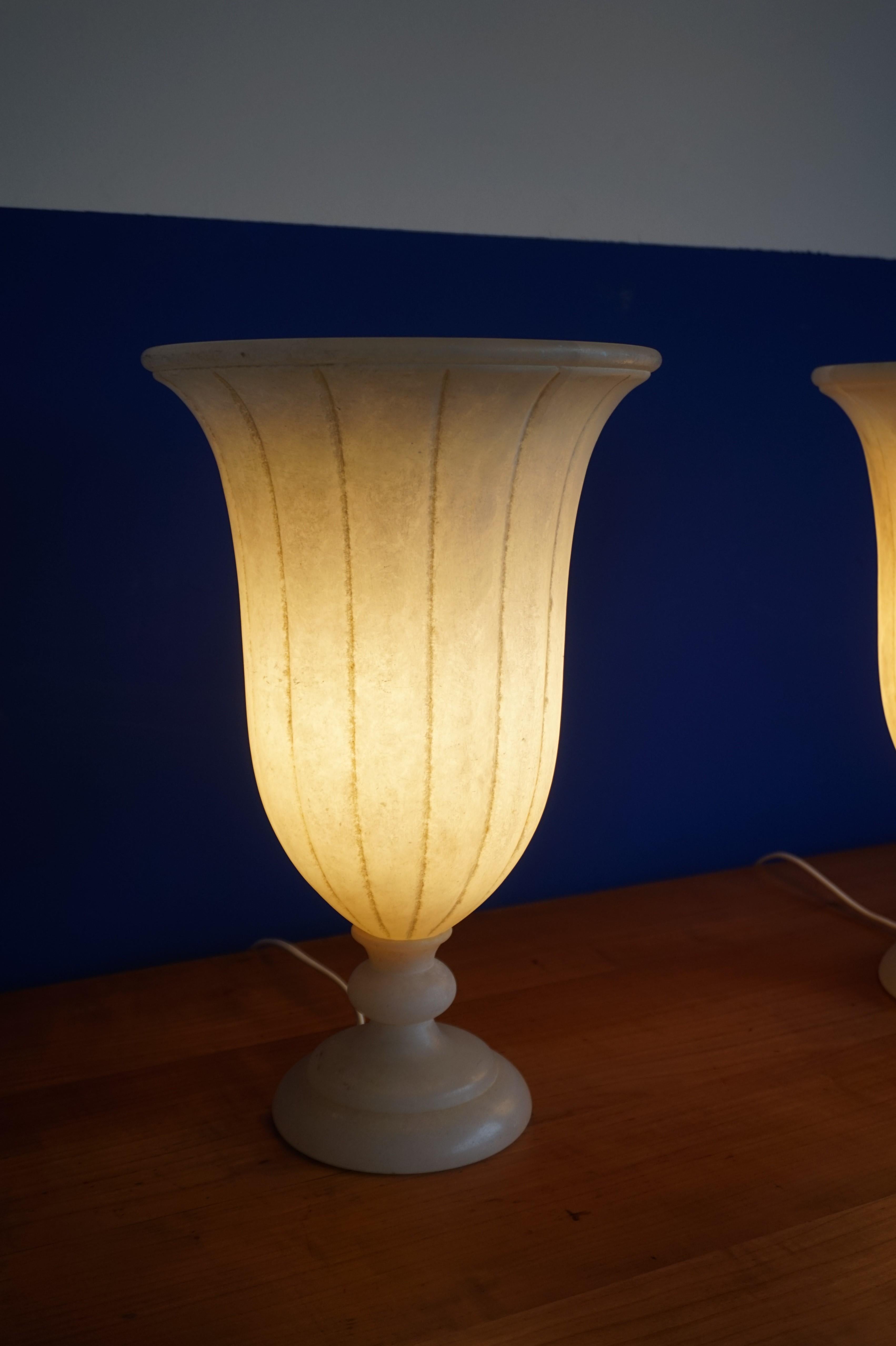 Beautiful Pair of Hand Carved Classical Roman Design Alabaster Table Lamps 1970s 5