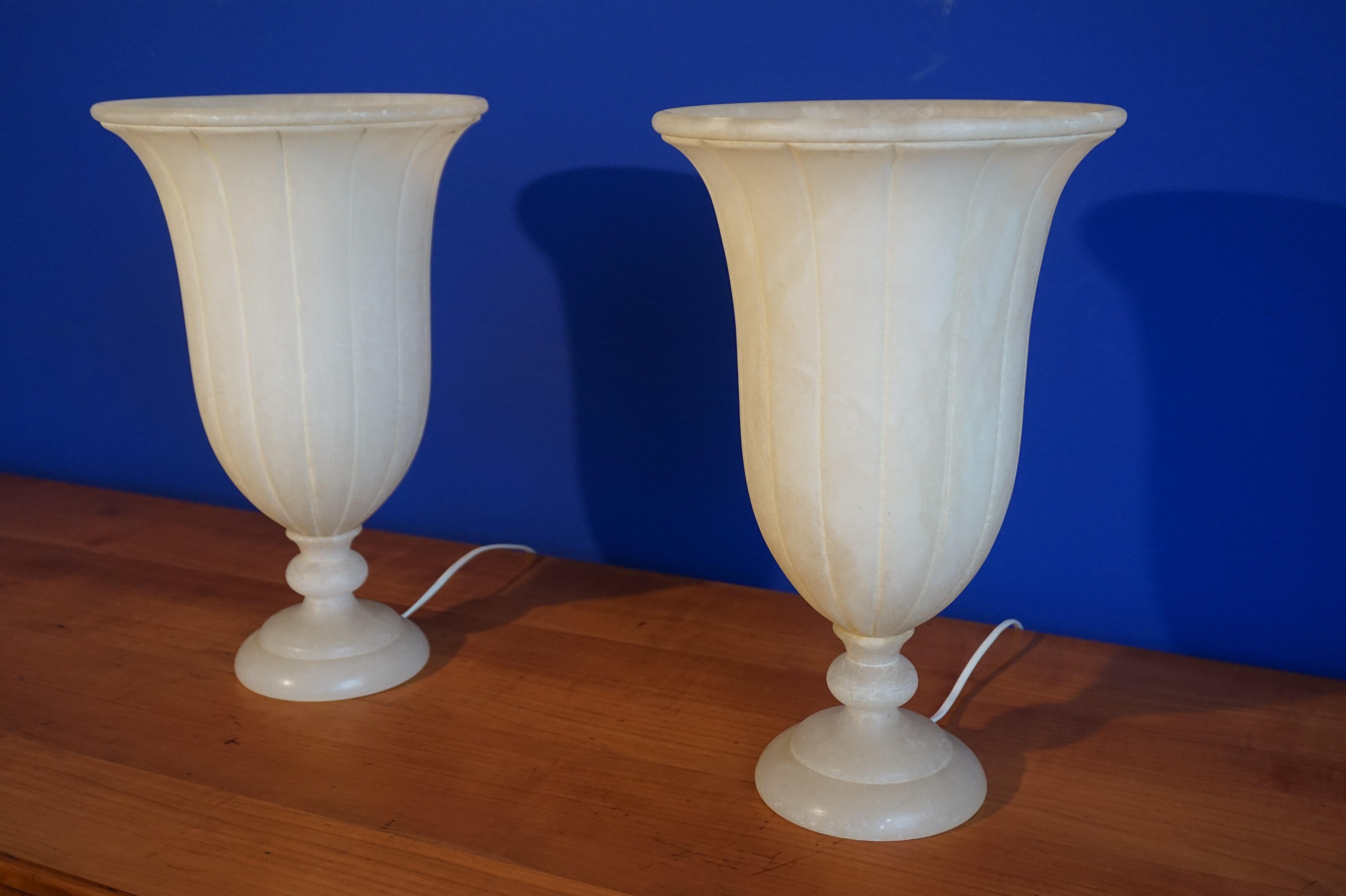 Beautiful Pair of Hand Carved Classical Roman Design Alabaster Table Lamps 1970s 6
