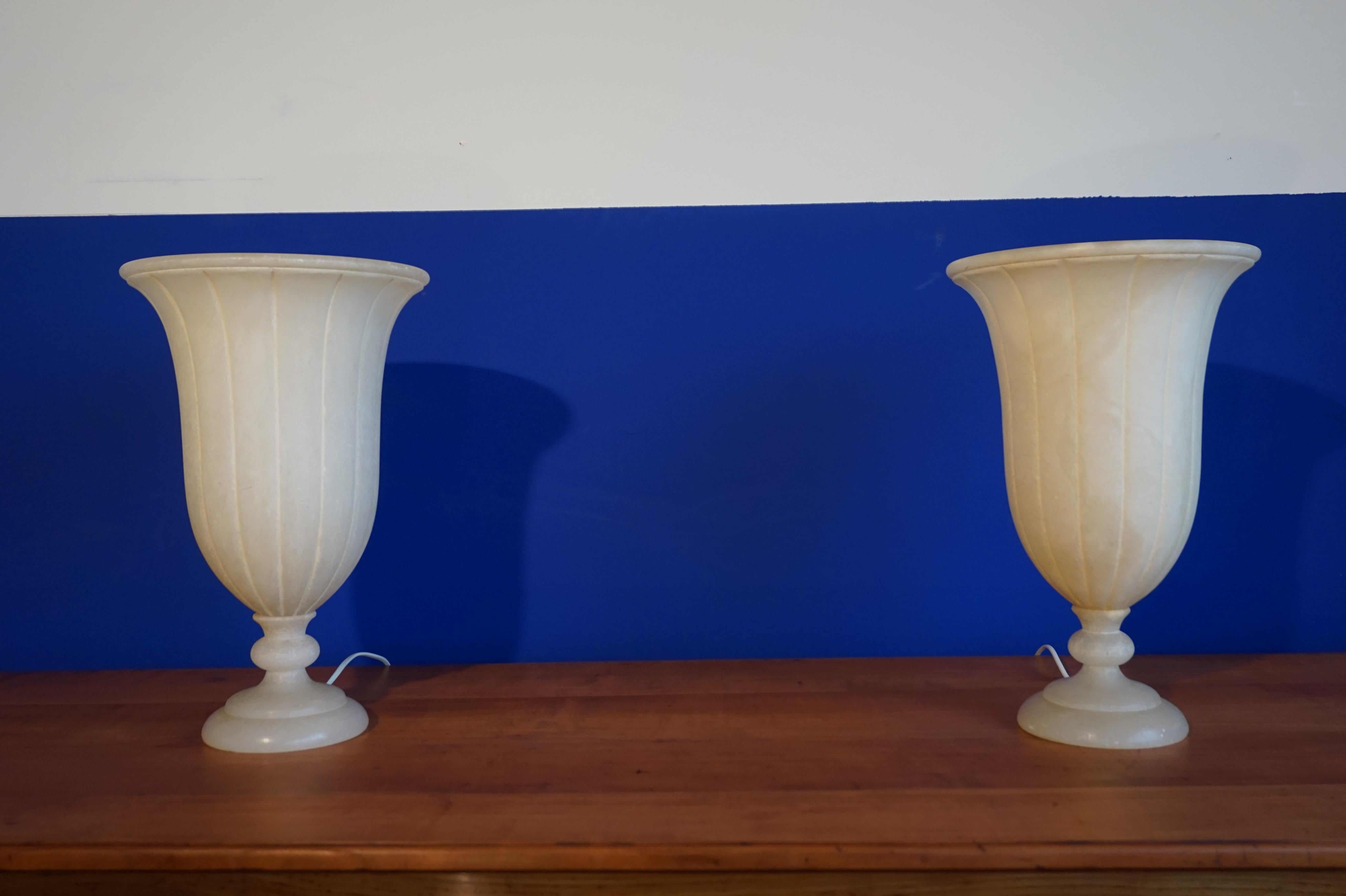 Beautiful Pair of Hand Carved Classical Roman Design Alabaster Table Lamps 1970s 9