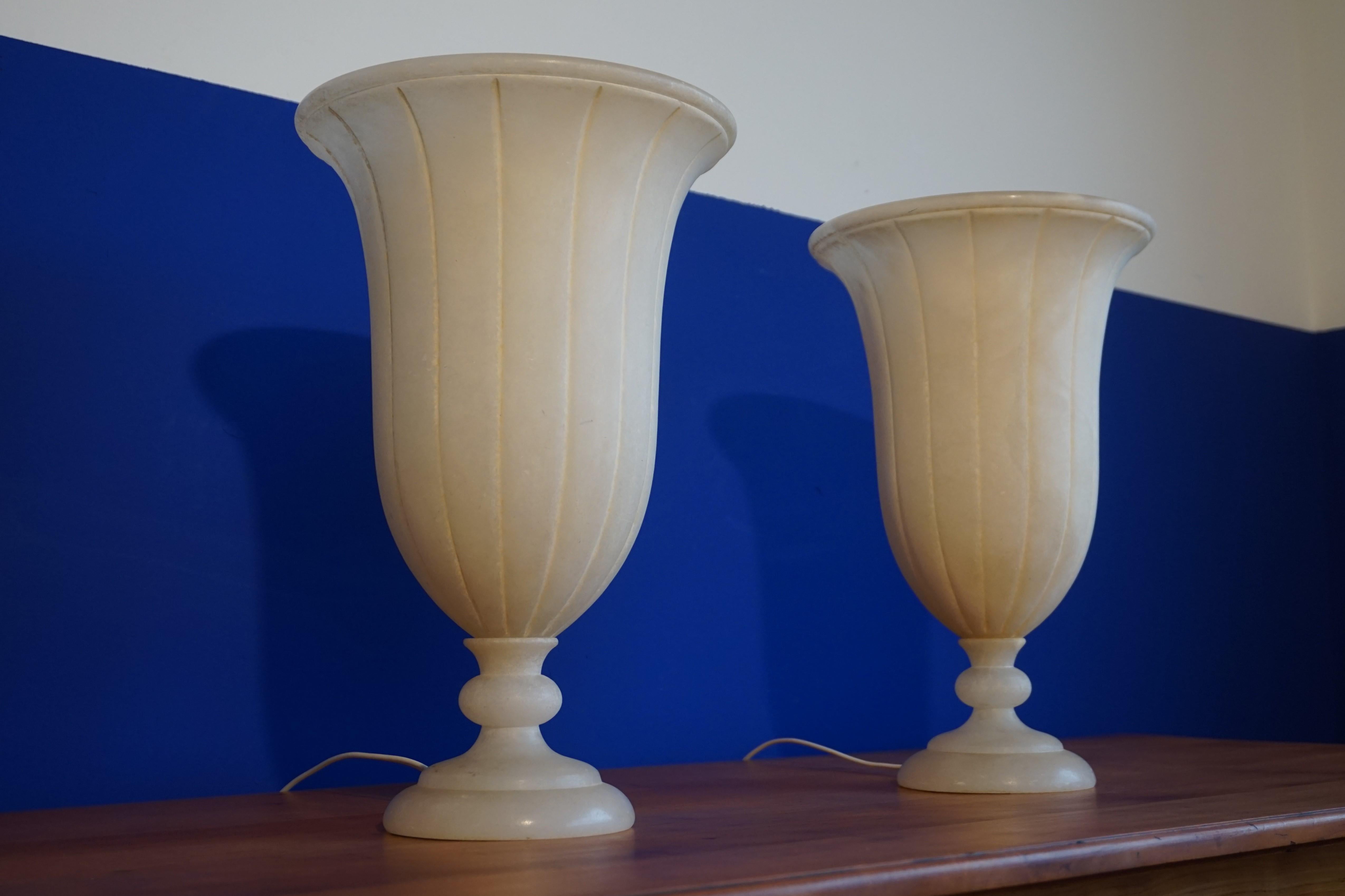Italian Beautiful Pair of Hand Carved Classical Roman Design Alabaster Table Lamps 1970s