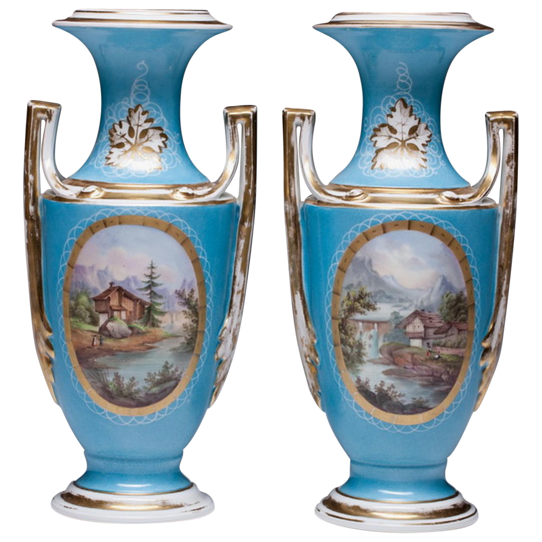 Beautiful Pair of Hand Painted Old Paris Porcelain Vases For Sale