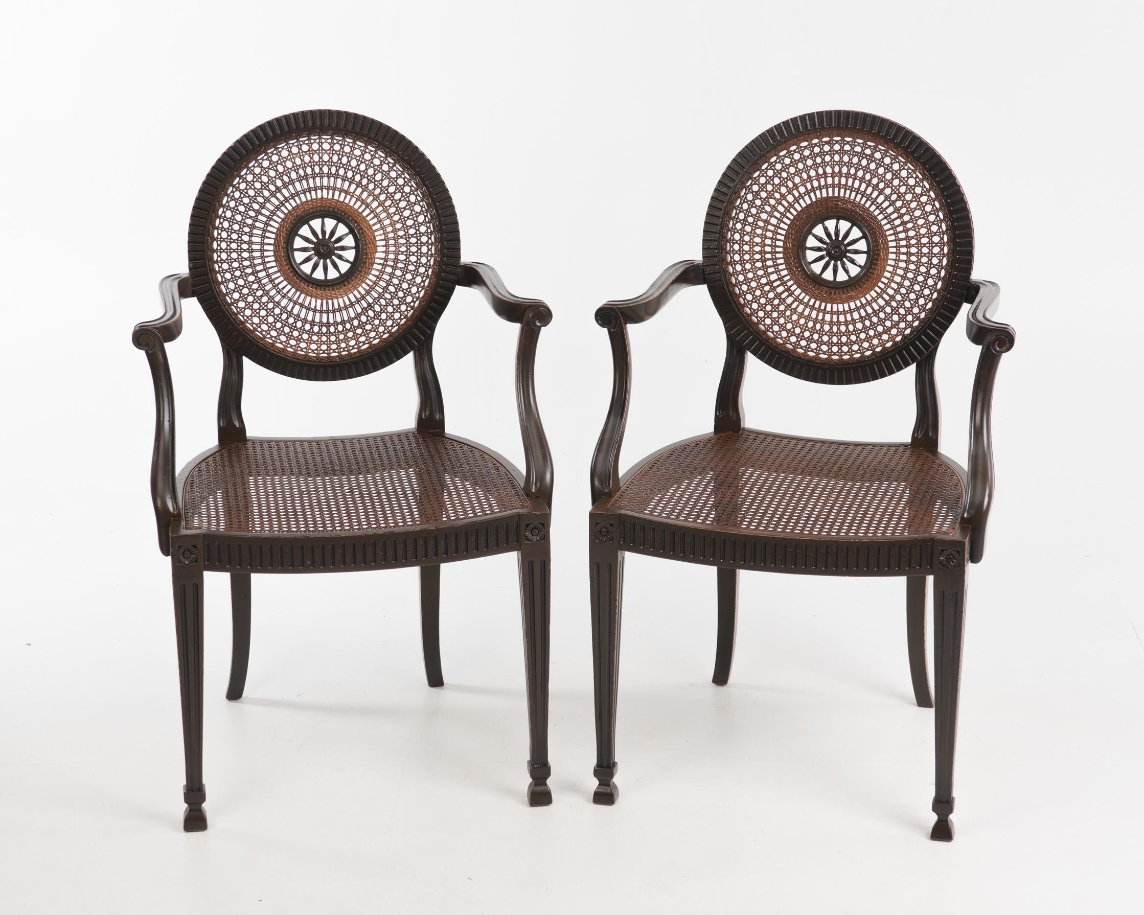 Beautiful Pair of Italian Carved Wood and Caned Armchairs 1
